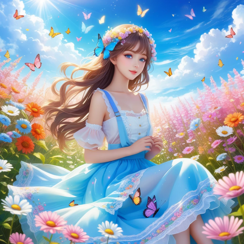 anime、kawaii"An surreal girl is sitting in a vast flower field. She is holding a colorful bouquet of flowers, and in the background there is a blue sky with white clouds. Butterflies are fluttering in the sky, and sparkling light particles are floating in the air. The girl's hair is long and wavy, and her outfit is decorated with lace and is very glamorous. The overall scene has a fantastical, dreamy atmosphere." blue eyes 