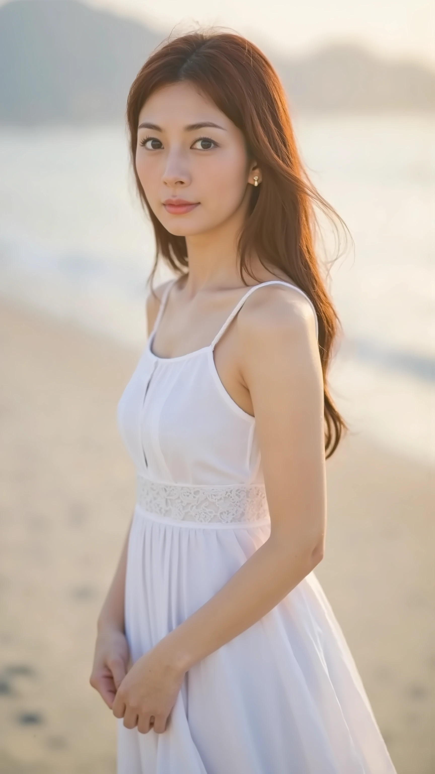 A high resolution photograph of a Japanese woman in a white dress standing on the beach, the sun shining on her face, creating a beautiful and fresh scenery.