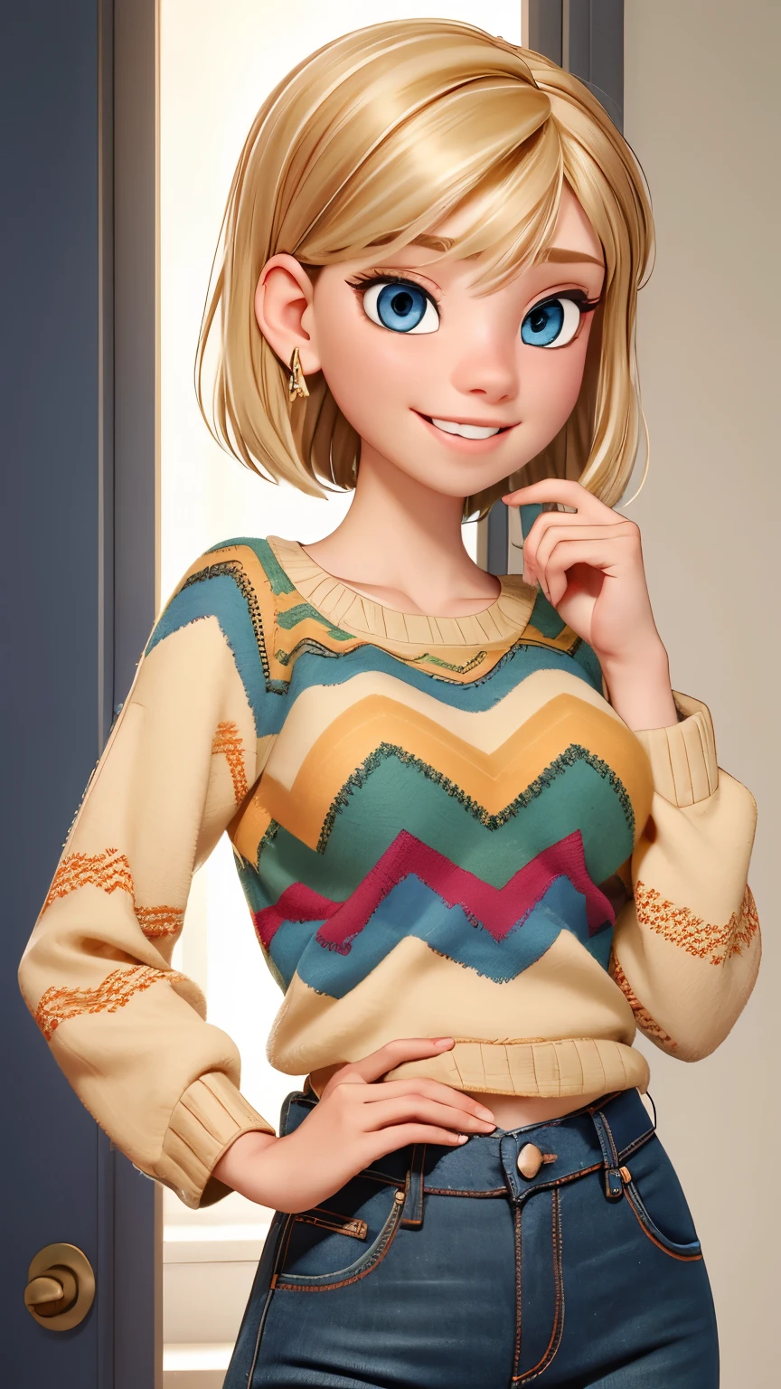 (best quality:1.4),(shiny skin), body focus, (cute face), (((best quality))), illustration, ((Beautiful Finger)). Beautiful body, Beautiful character design, perfect lighting, Colorful, Bright_Front_face_Lighting, ultra high res, highres, absurdres:1.2, bokeh:1.2, lens flare, (vibrant_color:1.2), (Beautiful, medium breasts:1.4),
Blonde hair, dark blue eyes, sensual smile, short bob hair, jeans, multicolored chevron sweater (orange, green, beige).