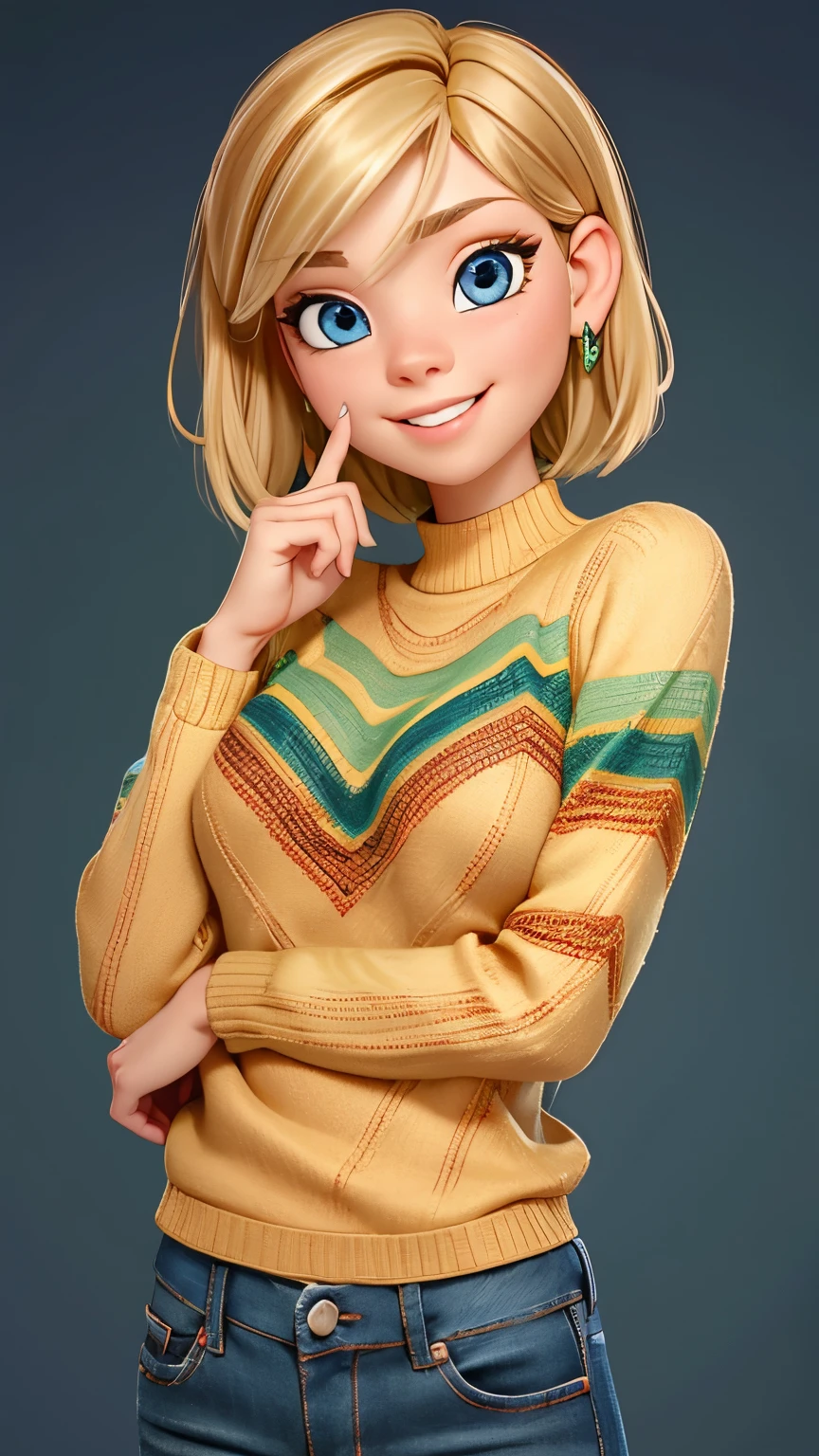 (best quality:1.4),(shiny skin), body focus, (cute face), (((best quality))), illustration, ((Beautiful Finger)). Beautiful body, Beautiful character design, perfect lighting, Colorful, Bright_Front_face_Lighting, ultra high res, highres, absurdres:1.2, bokeh:1.2, lens flare, (vibrant_color:1.2), (Beautiful, medium breasts:1.4),
Blonde hair, dark blue eyes, sensual smile, short bob hair, jeans, multicolored chevron sweater (orange, green, beige).