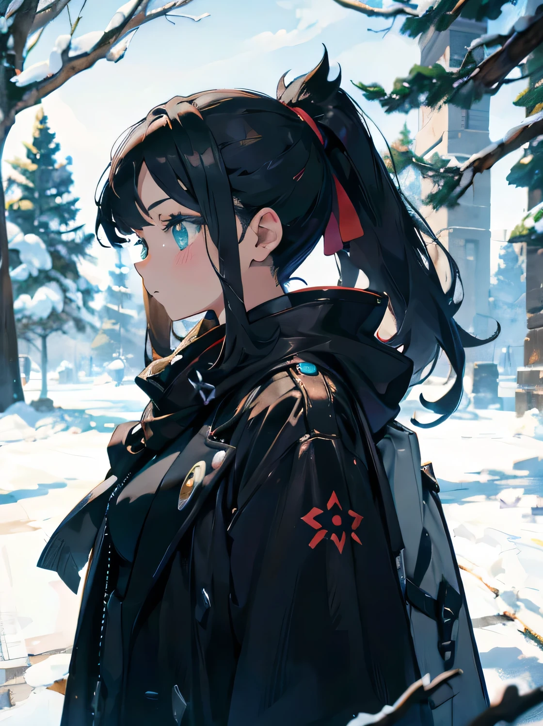 solo 1girl, (marnie pokemon), ((masterpiece)), ((high resolution)), ((best quality)), extremely fine and beautiful, supene illustration, (insanely detailed anime eyes), detailed face, vivid and beautiful, shocking sensation, incredibly detailed, beautiful detailed girl, front view, facing at viewer, profile, perfect shadow, realistic lighting shaded, (black hair), (small breast), turquoise eyes, winter, snow forest, black coat
