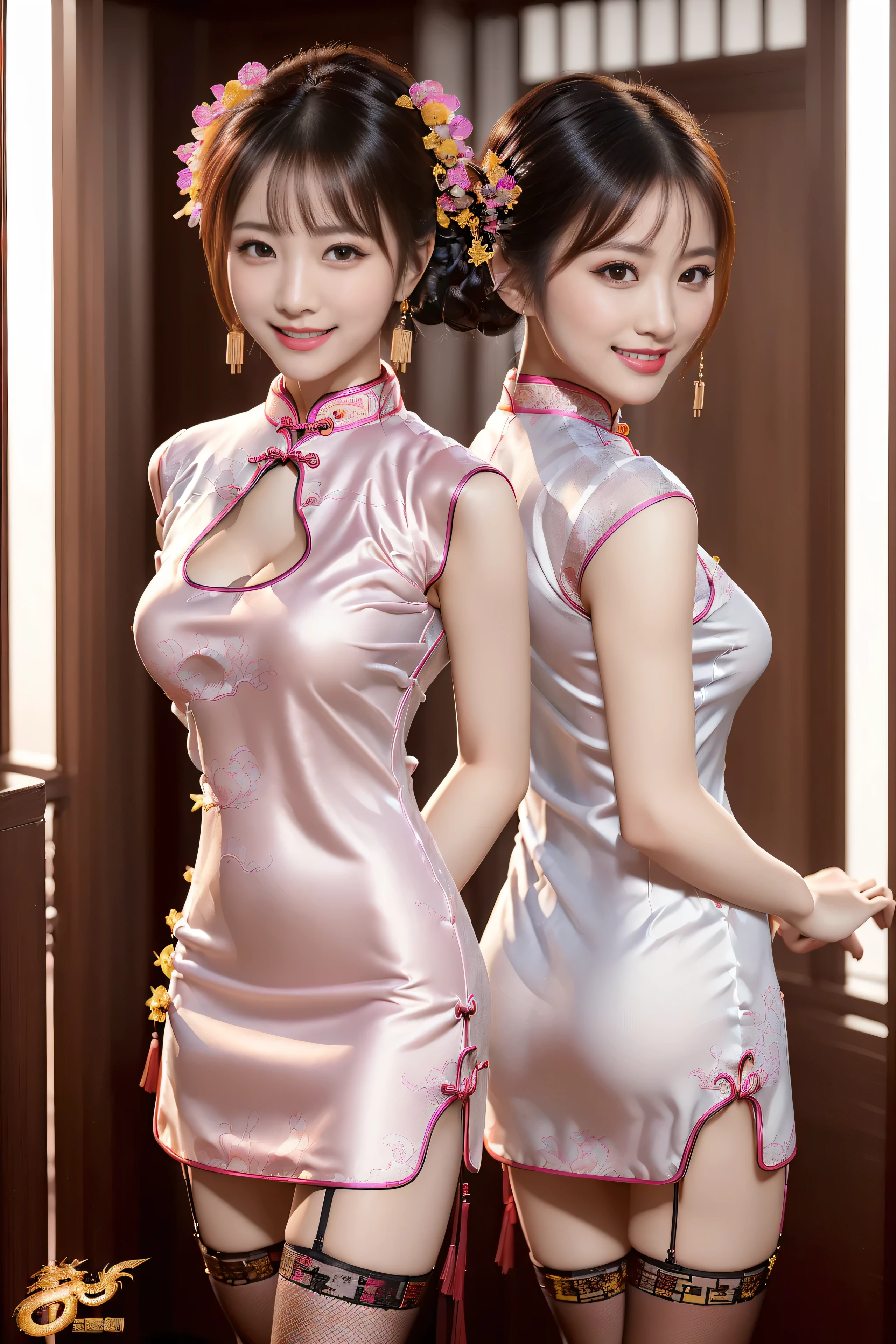 (ultra best quality、超A high resolution、8k、masterpiece:1.3)、Beautiful Women in Perfect Figure:1.4、、Black hair、((Cheongsam in fishnet stockings))、((((((No background)))))、kawaii、extremely detailed face and skin、Detailed eye、Double eyelids、Skinny Legs、erotic、The best smile、(((1a person)))、(Hands folded behind your back)、((The whole body is in the viewer))、The best smile、Extraordinary beauty、Age is s、Facing the front、perfectly proportions、((Cheongsam with dragon design))、Widened slit、length hair、good,