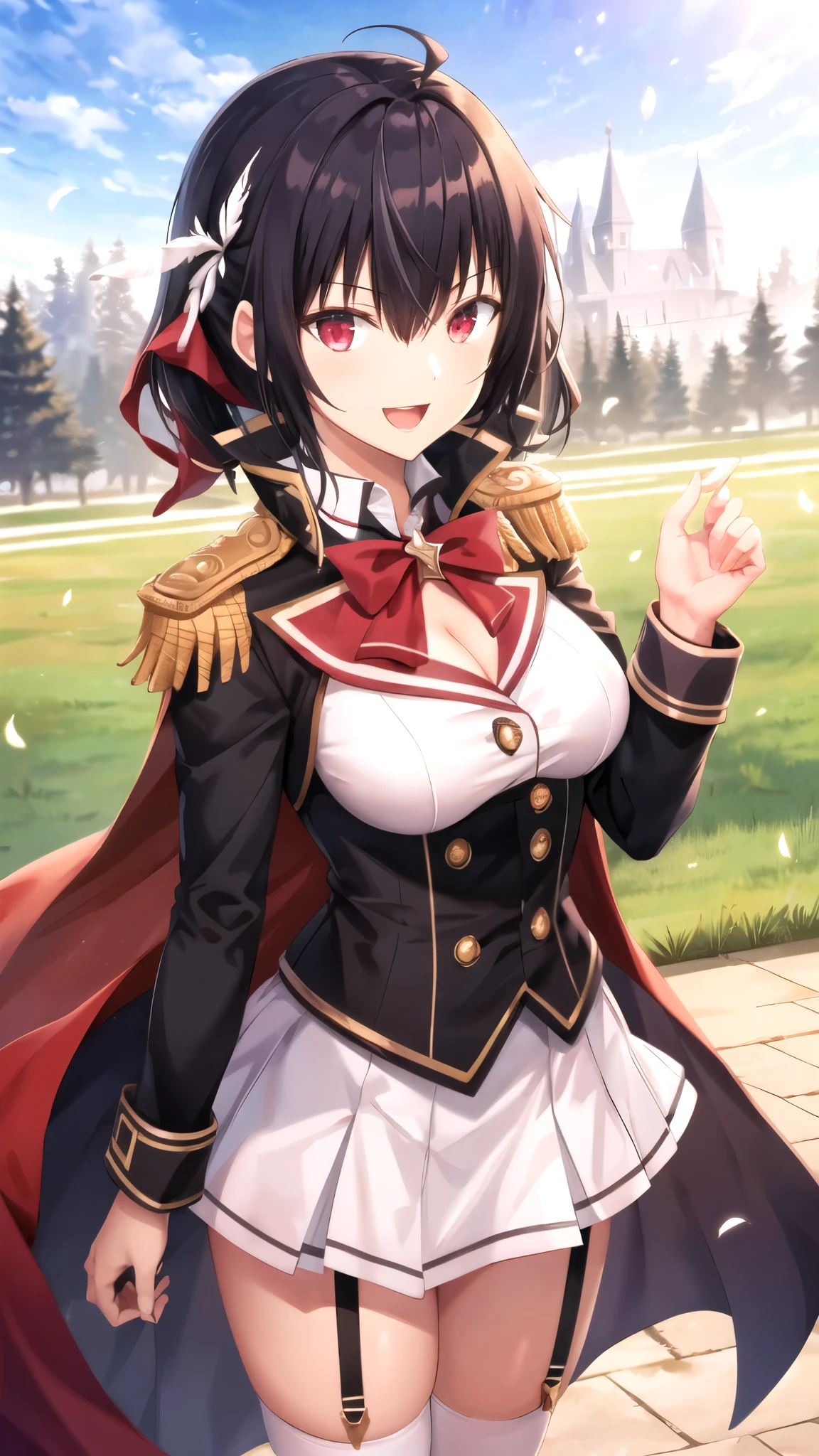 masterpiece, best quality, girl, solo, looking at viewer, anos_voldigoad, black hair, red eyes, large breasts, red cape, epaulettes, を消すと肩マントなし , feather hair ornament, black hair ribbon, white shirt, corset, green skirt, cleavage cutout, shoulder cutout, long sleeves, red cape, epaulettes, red bowtie, garter straps, white thighhighs, standing, smile, open mouth, outdoors 