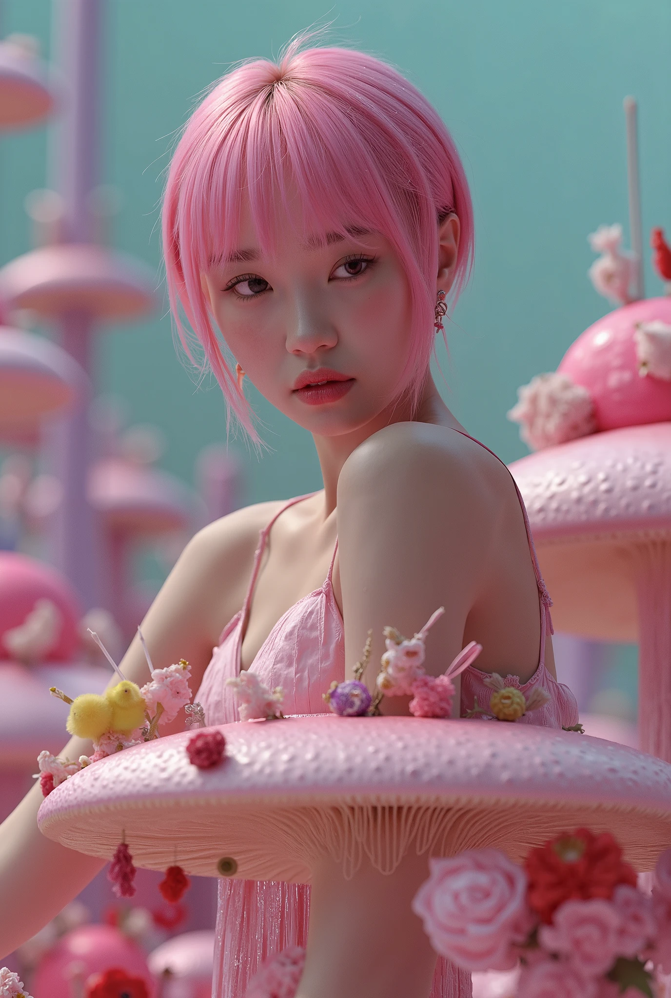 1girl,beautiful 18 year old girl,short pink hair,bare shoulders,sitting on a giant mushroom,elegant,chic,modern,fashionable,muted colors,soft lighting,art nouveau,psychedelic anime style,colorful,trippy,(best quality,4k,8k,highres,masterpiece:1.2),ultra-detailed,(realistic,photorealistic,photo-realistic:1.37),HDR,UHD,studio lighting,ultra-fine painting,sharp focus,physically-based rendering,extreme detail description,professional,vivid colors,bokeh