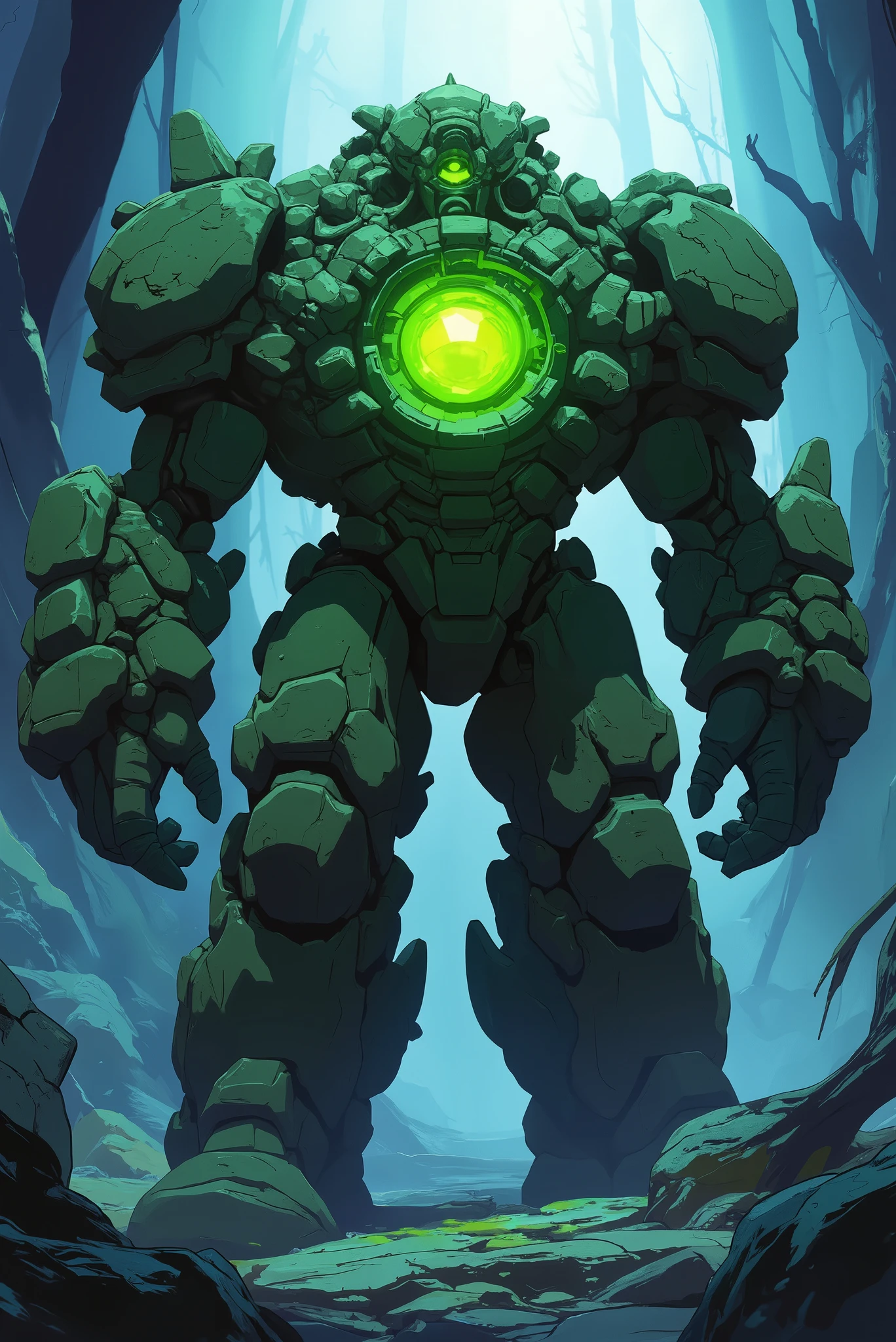golem. anime. Round rock junctions that form your body. anime. A huge green crystal in your chest . Disheveled body