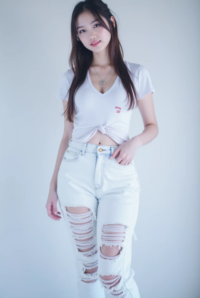 Woman in white shirt and blue shorts stands, blue tight tshirt, wearing pants and a t-shirt, shirt torn, jeans and t shirt, wearing shorts and t shirt, artist wearing dirty, with ripped crop t - shirt, torn garments, torn garments, wearing a tshirt, wearing a shirt and a jeans, wet tshirt