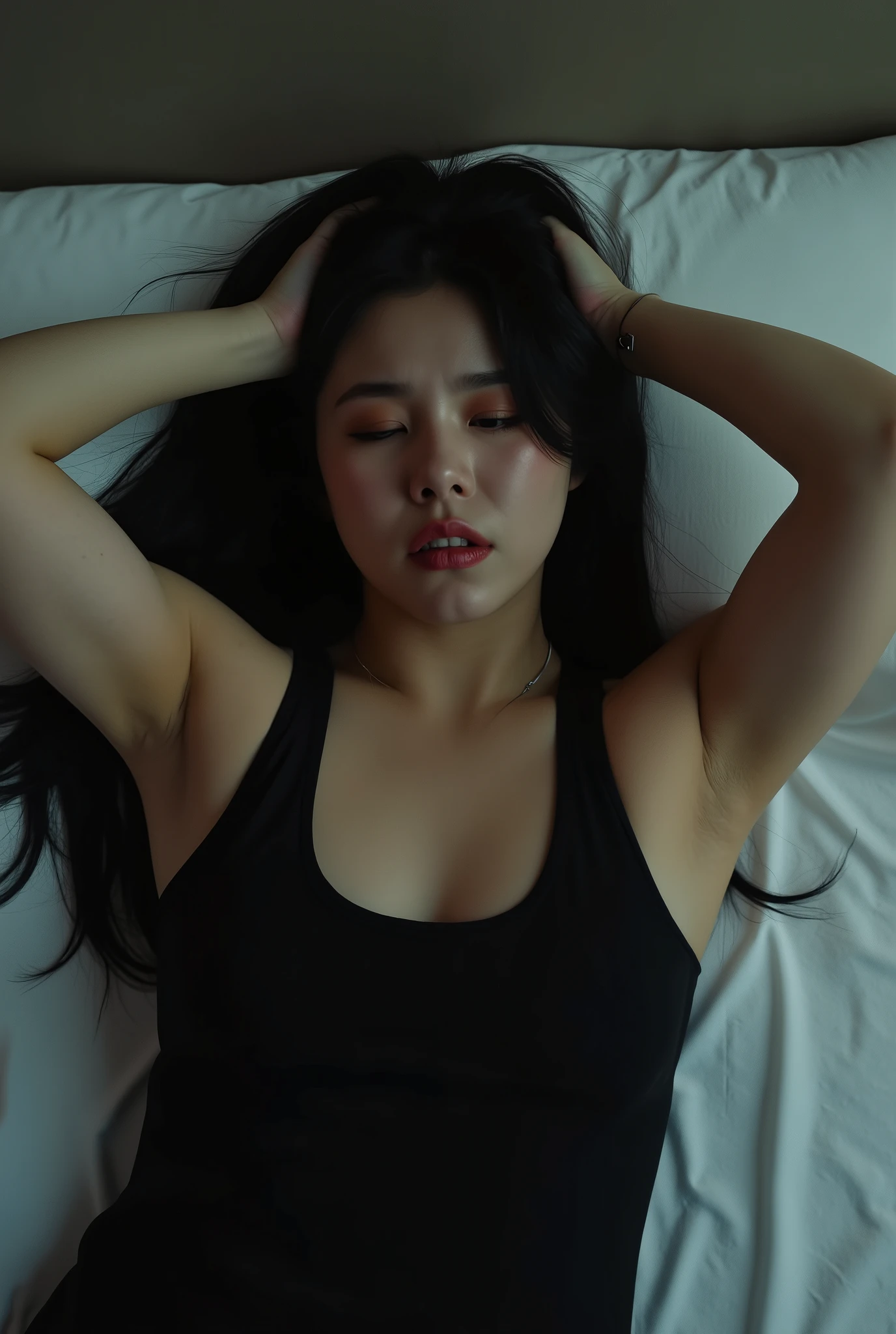 a 30 yo korean woman, slightly curvy, huge breast, wearing black tanktop, cleavage. ((crying face, Furrowed eyebrows, closing eyes, open mouth, face facing upwards)). lying on the bed. arms up, pale skin, black hair