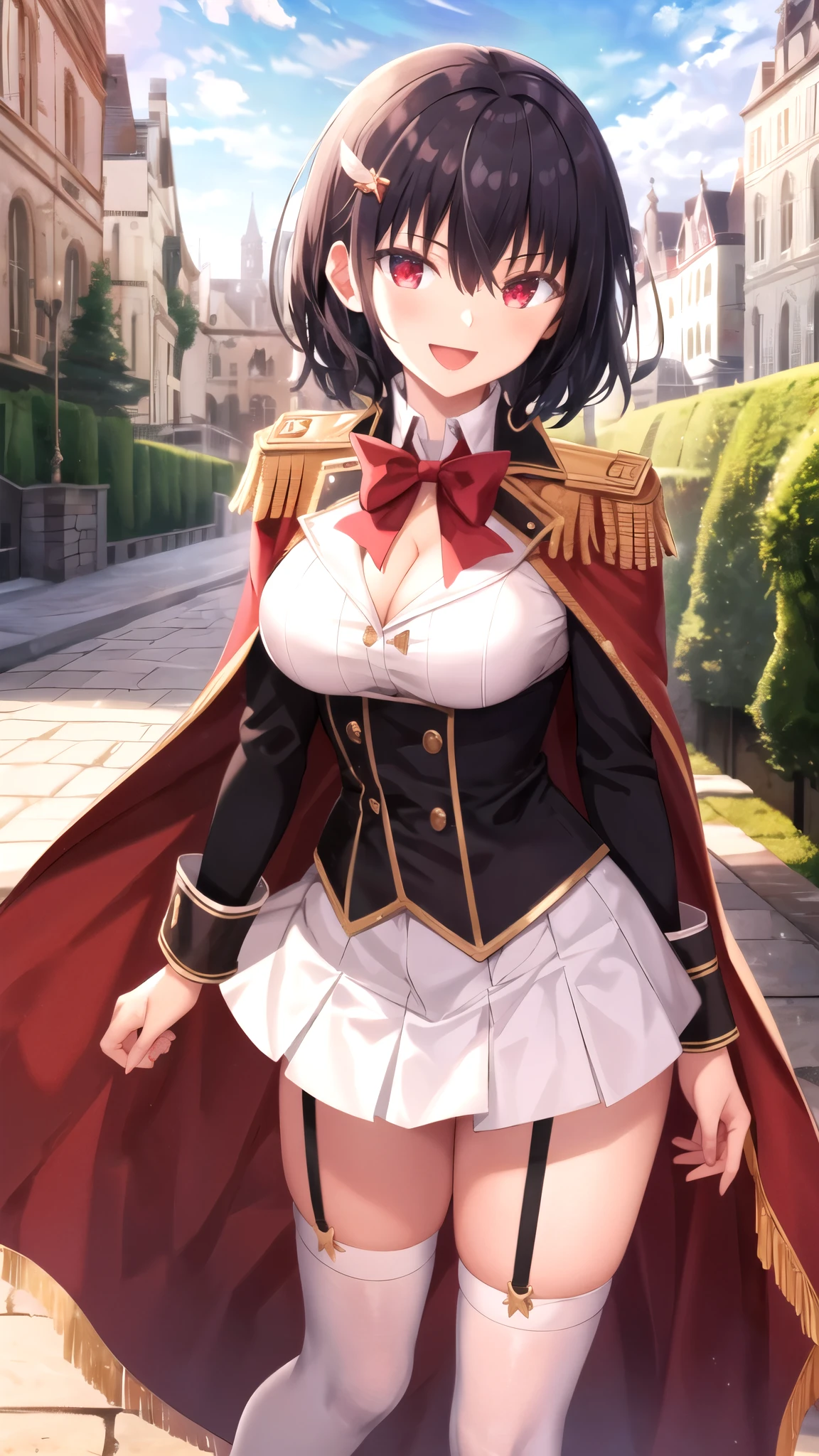 masterpiece, best quality, girl, solo, looking at viewer, anos_voldigoad, black hair, red eyes, large breasts, red cape, epaulettes, を消すと肩マントなし , feather hair ornament, black hair ribbon, white shirt, corset, green skirt, cleavage cutout, shoulder cutout, long sleeves, red cape, epaulettes, red bowtie, garter straps, white thighhighs, standing, smile, open mouth, outdoors