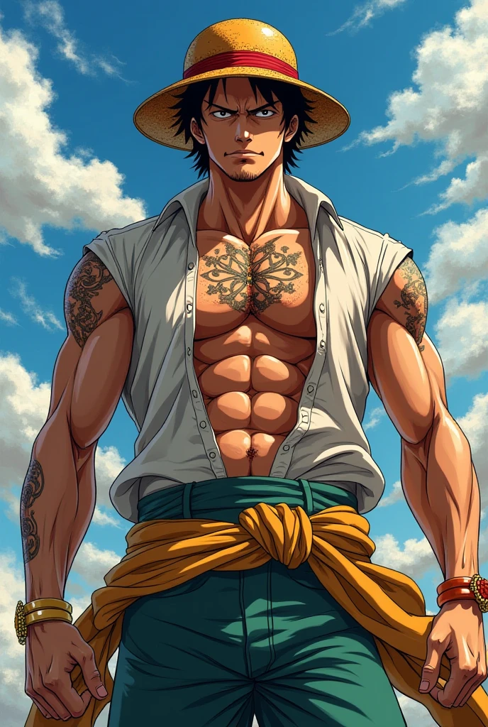there is a man sitting on a bench in a field of sunflowers, handsome anime pose, tarot card of a shirtless cowboy, with straw hat, anime highly detailed, made with anime painter studio, anime handsome man, by Kentaro Miura, from one piece, most strongest pose, male anime character, range murata and artgerm, mccree from overwatch