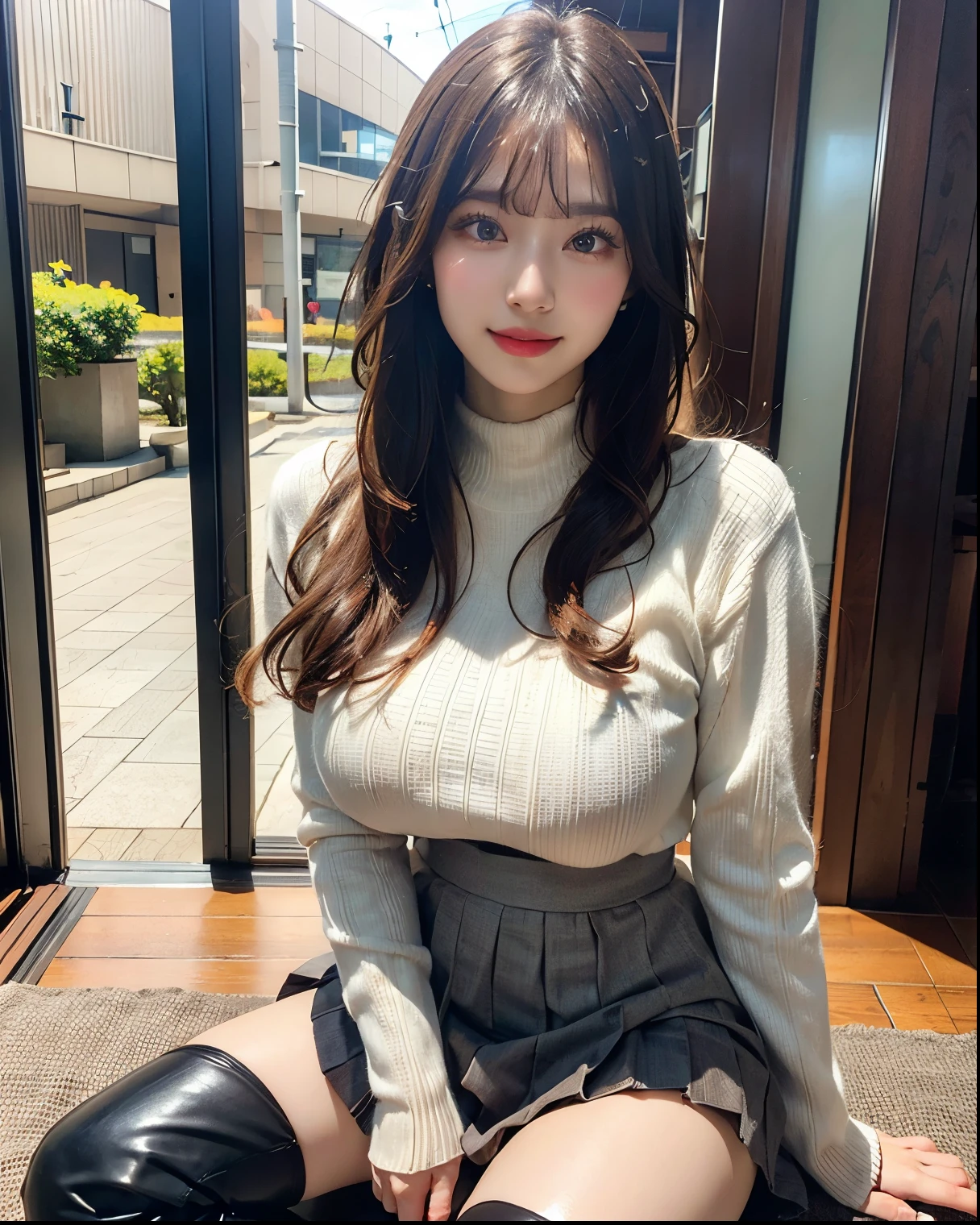 (masterpiece:1.3), (8K, Photorealistic, Raw photo, Best image quality: 1.4), solo, Japanese high school girl, (full body:1.2), front、(Random Hairstyles:1.2)、Super detailed face、Attention to detail、double eyelid、Sharp focus:1.2、Beautiful woman:1.4、Light brown hair、Highest quality、masterpiece、Ultra-high resolution、(Photorealistic:1.4)、Highly detailed and professionally lit smile、(Random Colored V-neck sweater), Tulip skirt、thin、Serious expression、Short-haired, Library