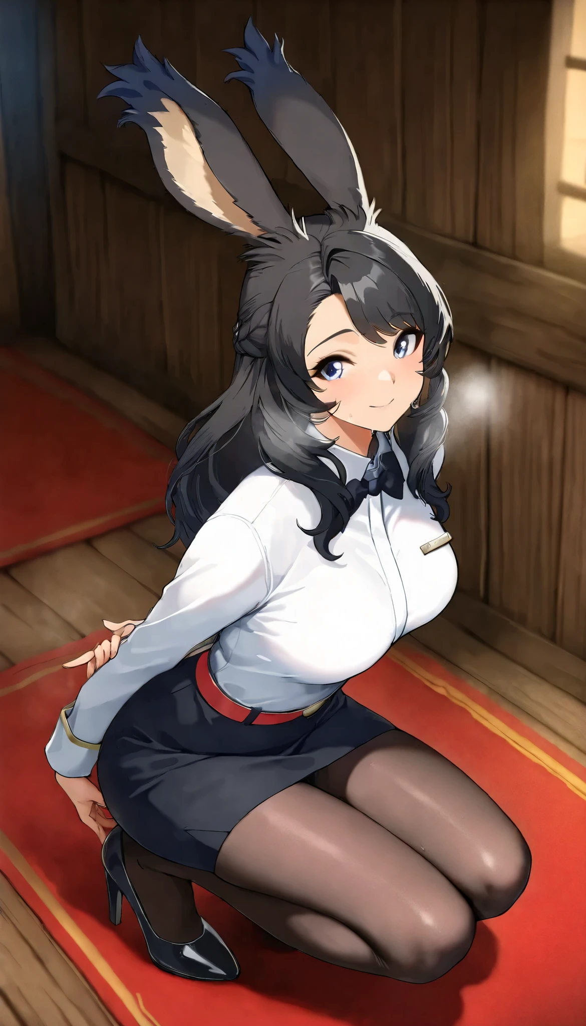 (((( Masterpiece)))), (((( Top Quality)))), Hi-Res,fine grain, detailed face, Detailed Expression Description , fine grain 、 detailed face、 detail hair 、 Sparkling Skin 、sweat、viera, score_9, score_8_ up the side , score_7_ up the side , very detailed, Breathtakingly beautiful Viera woman 、 Viera wearing a cabin attendant uniform, length, Silky black hair, her hands are behind her back 、 with an emphasis on proportion , short skirt, And tights. She has a radiant smile , And a confident and Elegant attitude, behind her back and confident , Elegant attitude . BREAK A breathtakingly beautiful Viera female , squatting down with your spine slightly 、 amazing face and eye details , She is placed in the cabin of an airplane. Great level of detail 、 contains soft steam and fog , The scene is、 her curvaceous beauty 、 Wearing . In the atmosphere 、 with an emphasis on graceful posture 、 contains soft steam and light fog. super high heels , 32K resolution, Masterpieceレベルのディテール , Hausmo style .