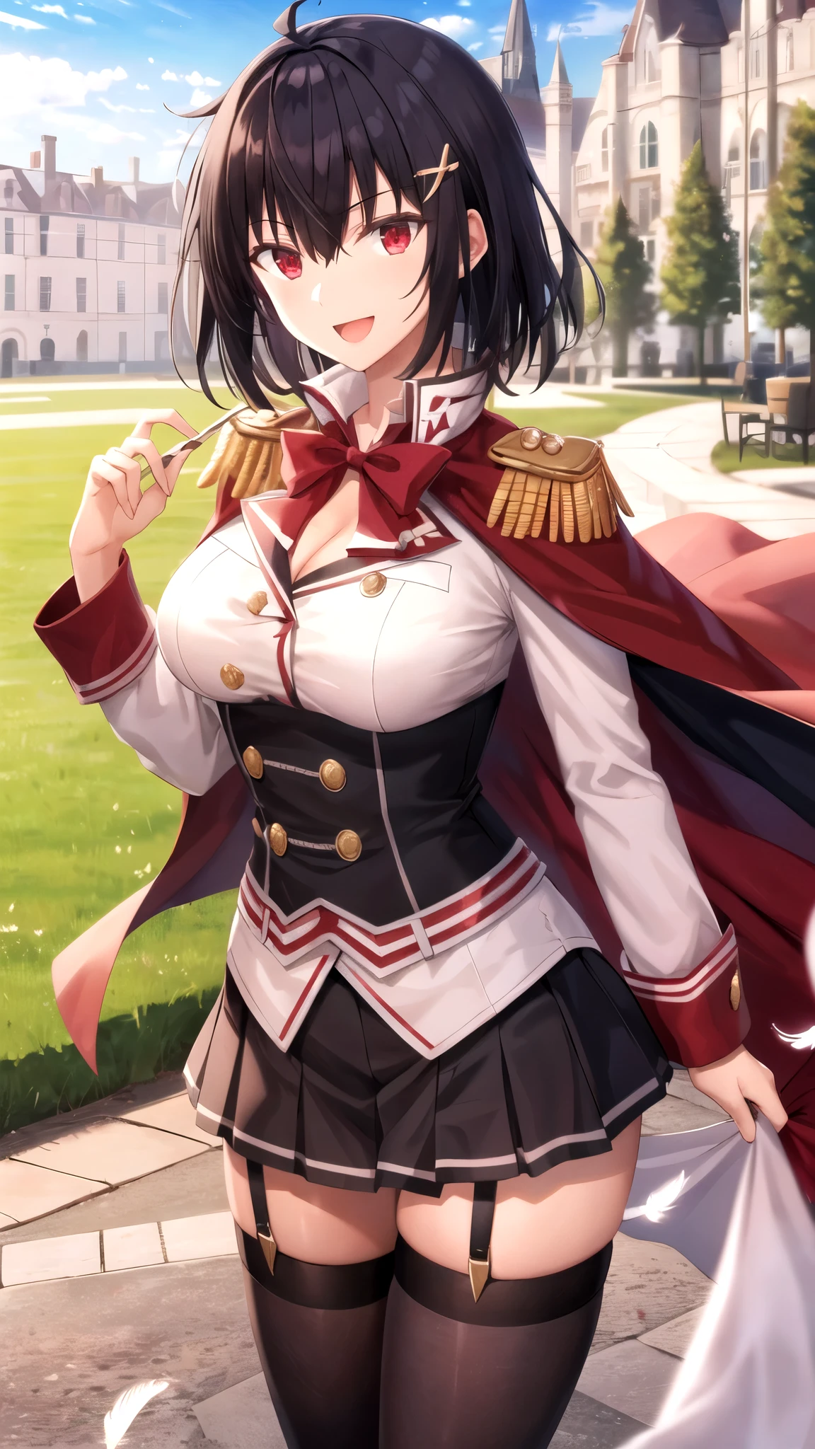 masterpiece, best quality, girl, solo, looking at viewer, anos_voldigoad, black hair, red eyes, large breasts, red cape, epaulettes, を消すと肩マントなし , feather hair ornament, black hair ribbon, white shirt, corset, green skirt, cleavage cutout, shoulder cutout, long sleeves, red cape, epaulettes, red bowtie, garter straps, white thighhighs, standing, smile, open mouth, outdoors