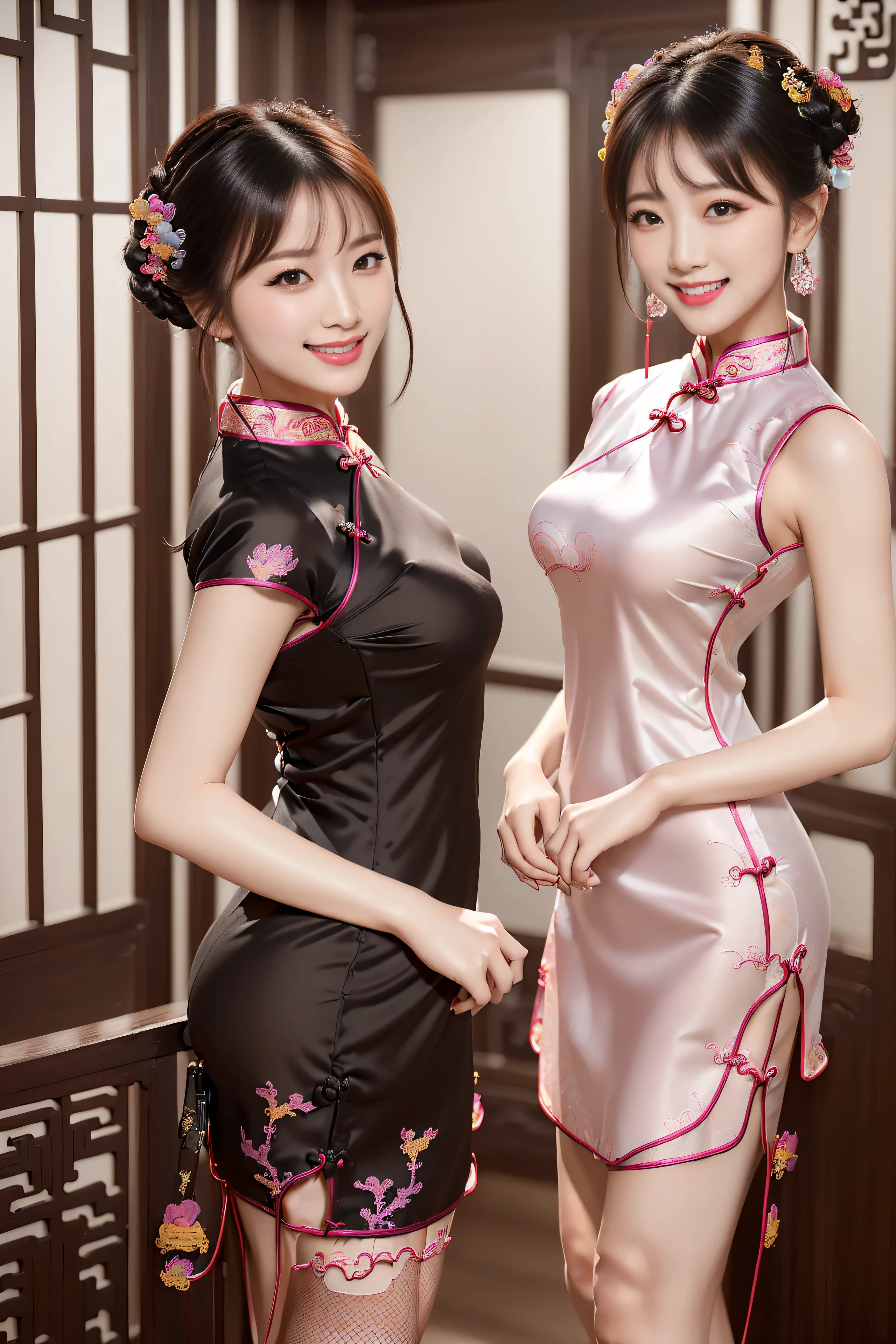 (ultra best quality、超A high resolution、8k、masterpiece:1.3)、Beautiful Women in Perfect Figure:1.4、、Black hair、((Cheongsam in fishnet stockings))、((((((No background)))))、kawaii、extremely detailed face and skin、Detailed eye、Double eyelids、Skinny Legs、erotic、The best smile、(((1a person)))、(Hands folded behind your back)、((The whole body is in the viewer))、The best smile、Extraordinary beauty、Age is s、Facing the front、perfectly proportions、((Cheongsam with dragon design))、Widened slit、length hair、good,