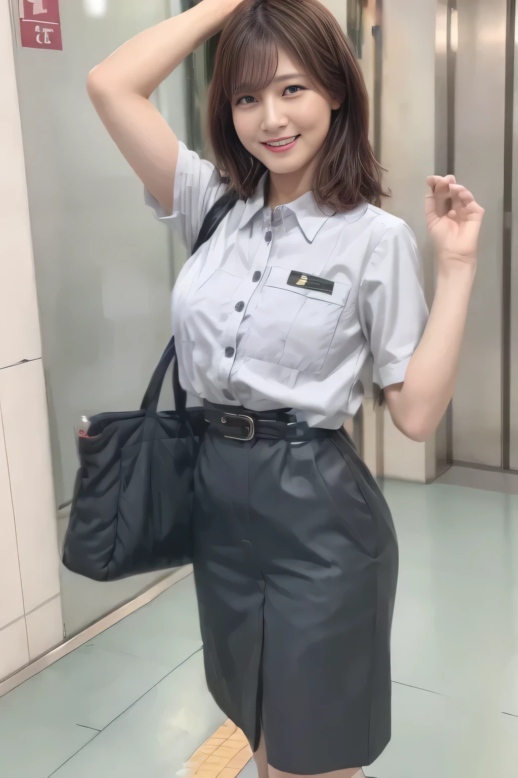 ( Masterpiece:1.2, Top Quality :1.2), 32kHDR, Hi-Res、( Daytime building roof 、 Professional Lighting)、Building rooftop background、( Tokyo subway woman crew uniform )、( Tokyo subway woman crew uniform blouse short sleeve 、 above knee culotte skirt、 waist belt )、(Long brown hair )、( bun hair with hair tied together )、 thin legs、(( amazing hands:2.0)),((harmonious body proportions:1.5)),((Normal limbs:2.0)),((The usual :2.0)),(( Delicate Eyes:2.0)),((Normal eyes:2.0)))、(Tokyo Subway woman crew uniform above knee culotte skirtを見せた美しい立ち姿) 、 with their hands crossed under their bodies 、 Shy smile