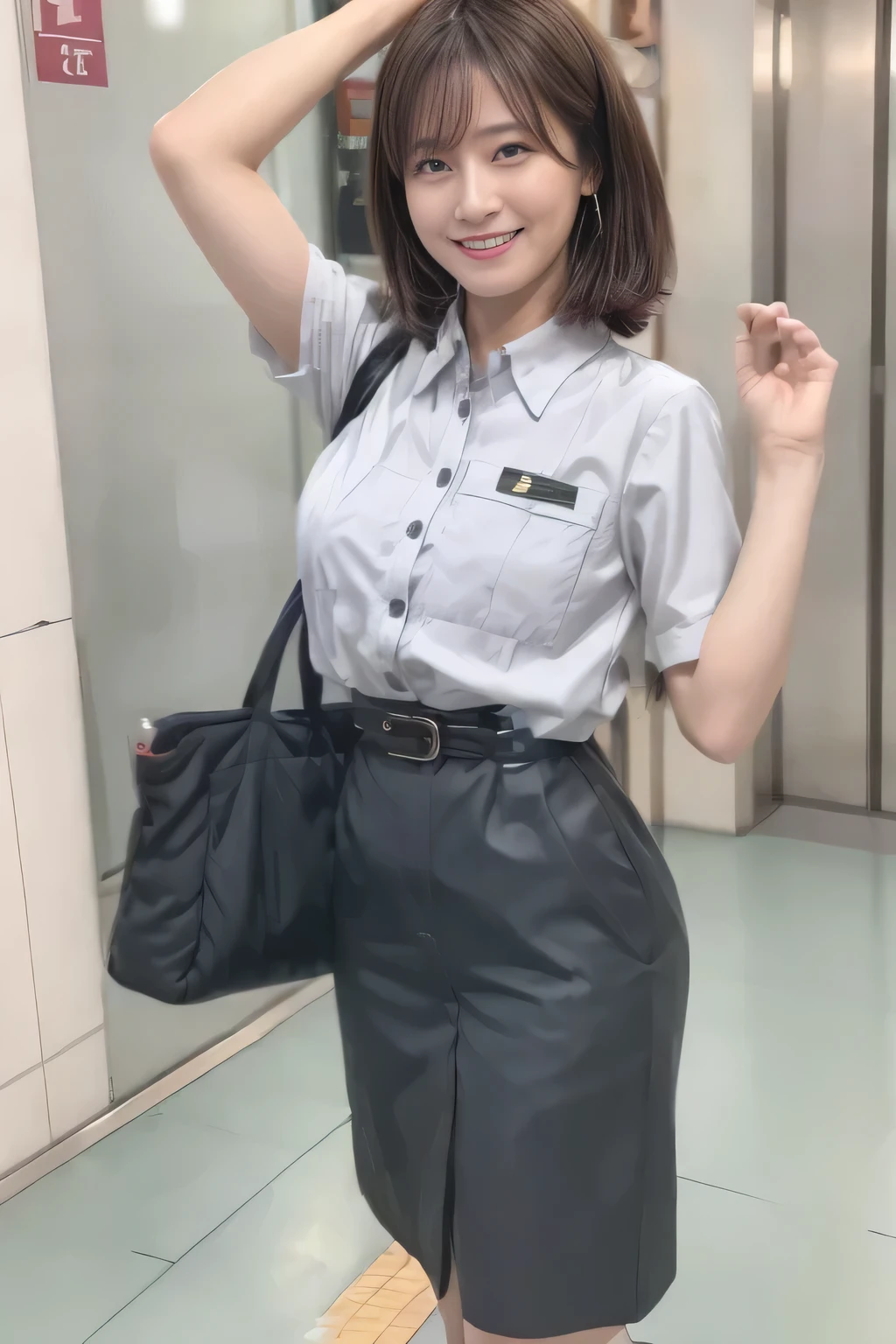 ( Masterpiece:1.2, Top Quality :1.2), 32kHDR, Hi-Res、( Daytime building roof 、 Professional Lighting)、Building rooftop background、( Tokyo subway woman crew uniform )、( Tokyo subway woman crew uniform blouse short sleeve 、 above knee culotte skirt、 waist belt )、(Long brown hair )、( bun hair with hair tied together )、 thin legs、(( amazing hands:2.0)),((harmonious body proportions:1.5)),((Normal limbs:2.0)),((The usual :2.0)),(( Delicate Eyes:2.0)),((Normal eyes:2.0)))、(Tokyo Subway woman crew uniform above knee culotte skirtを見せた美しい立ち姿) 、 with their hands crossed under their bodies 、 Shy smile