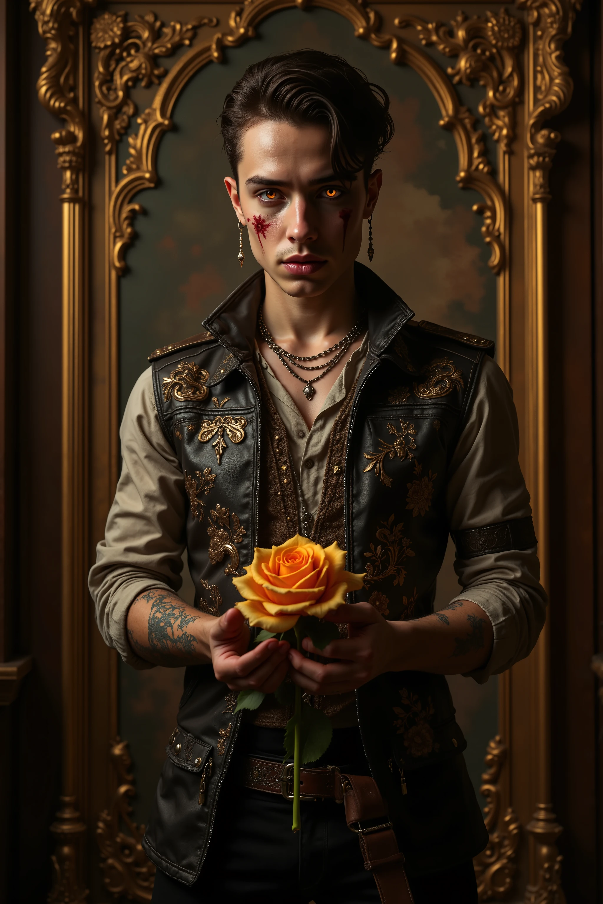 Neo-Baroque style, Oil Pastel Blend, best quality, aidmafluxpro1.1,ung man, Gang-like clothing that makes you feel dangerous, scar on cheek, glowing eyes,standing, Holding a flower gift in one hands, arms outstretched, offering the flower gift to the viewer,cowboy shot, gang base, dangerous aura, ornate and luxurious setting, warm and rich tones, intricate details, dramatic lighting, intense expression, smoky ambiance,UHD, retina, masterpiece, accurate, anatomically correct, textured skin, super detail, high details, high quality,best quality, highres, 1080P, HD, 16k