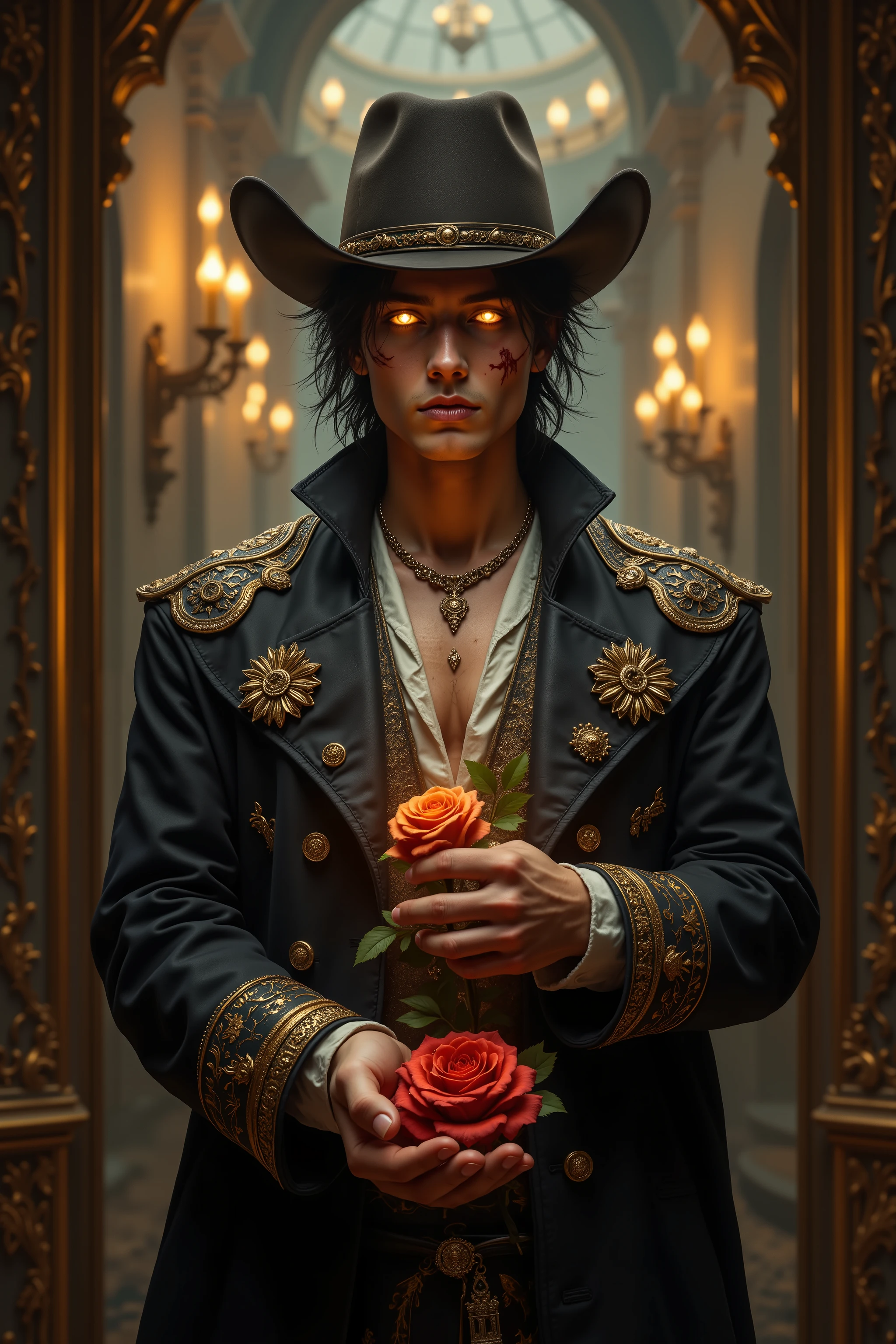 Neo-Baroque style, Oil Pastel Blend, best quality, aidmafluxpro1.1,ung man, Gang-like clothing that makes you feel dangerous, scar on cheek, glowing eyes,standing, Holding a flower gift in one hands, arms outstretched, offering the flower gift to the viewer,cowboy shot, gang base, dangerous aura, ornate and luxurious setting, warm and rich tones, intricate details, dramatic lighting, intense expression, smoky ambiance,UHD, retina, masterpiece, accurate, anatomically correct, textured skin, super detail, high details, high quality,best quality, highres, 1080P, HD, 16k
