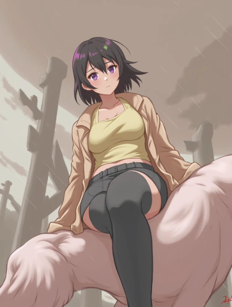 high quality image, high resolution, strong girl, military, camouflage, annoyed, black hair, curly hair, purple eyes, Dark skin, leather boots, Whole body, big boobs, military clothingy, leather jacket, tank top, black skin, big penis, black penis, Futanari, NSFW