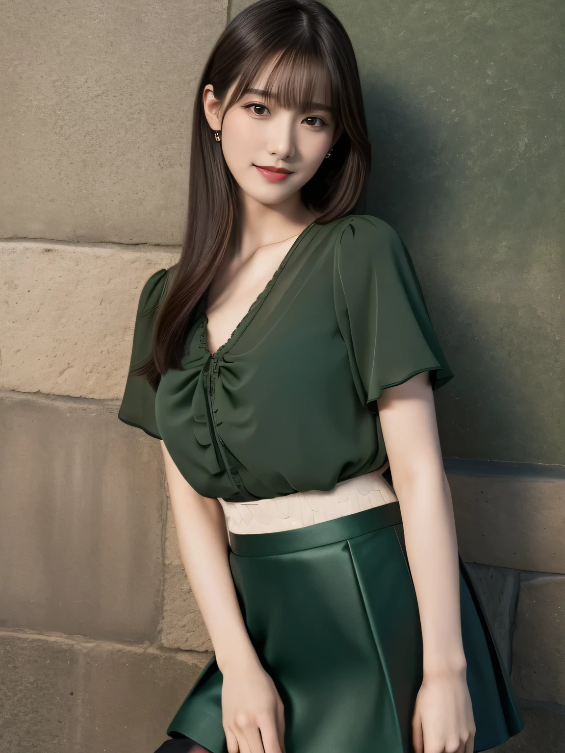 masterpiece、Highest quality、whole body、One Girl、bangs、Japanese、Long Black Hair、Long Hair、Gazing at the audience、Tank top、room、smile、alone、Stylish woman、green、Pastel colored outfits、front、Luxury background elements、Confident expression、Modern and trendy、Fashion focused