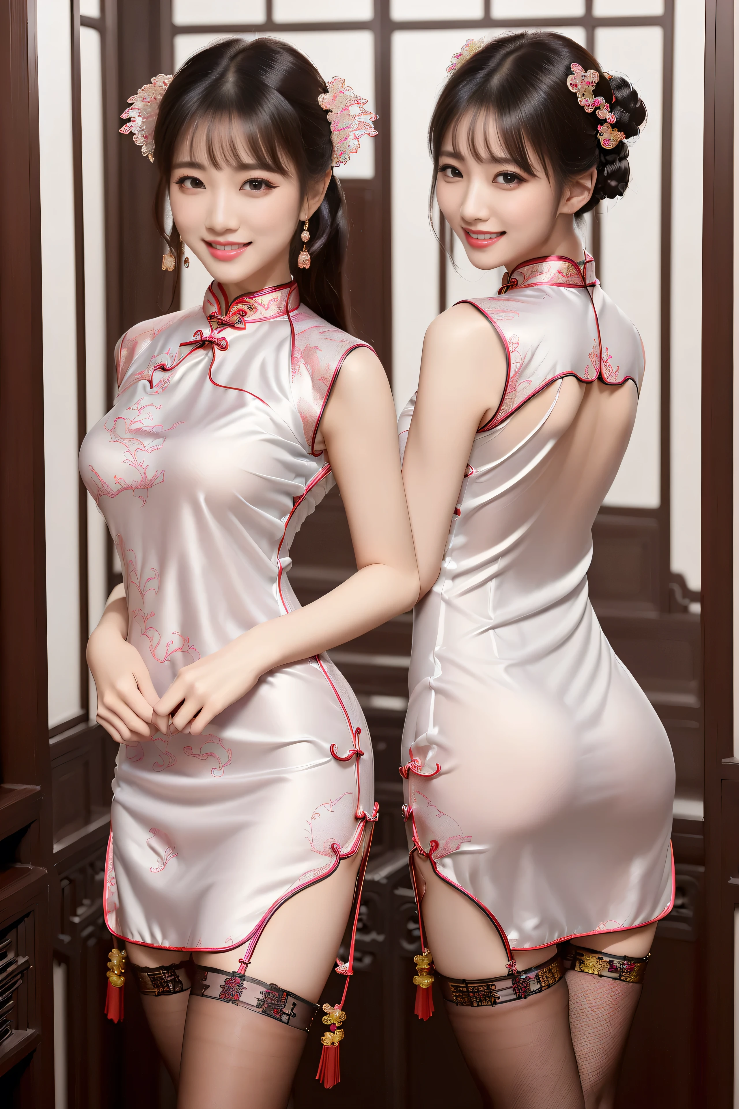 (ultra best quality、超A high resolution、８ｋ、​masterpiece:1.3)、Beautiful Women in Perfect Figure:1.4、、Black hair、((Cheongsam in fishnet stockings))、((((((No background)))))、kawaii、extremely detailed face and skin、Detailed eye、Double eyelids、Skinny Legs、erotic、The best smile、(((１a person)))、(Hands folded behind your back)、((The whole body is in the viewer))、The best smile、Extraordinary beauty、Age is s、Facing the front、perfectly proportions、((Cheongsam with dragon design))、Widened slit、length hair、good,