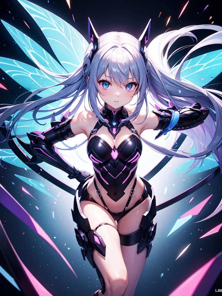 top-quality、Top image quality、masterpiece、Android Girl((sixteen years old 、Broken, skinny , cybersuit glowing black, red and white、neon energy source for the chest 、Light blue shiny hair、Long hair , spiky hair, messy hair, long fringe on hair, holding a chain whip, chains around her body, giant chains, Cyber Skirt、purple neon eyes 、Valley、Happiness、A slender))hiquality、Beautiful Art、Background streets (cyberpunk city、masutepiece、Elaborate design、visualart、Theatrical films, glowing neon eyes, cyberpunk, futuristic, white silver hair, no pupils on eyes