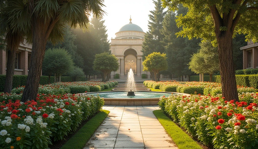 A breathtaking scene of a vast rose garden in full bloom, featuring vibrant pink roses arranged in neatly manicured bushes. The garden pathways wind through the lush rose beds, leading to an elegant observatory building with a dome. The background showcases a stunning sunset with a colorful sky, casting a warm, golden glow over the entire landscape. The surrounding mountains and trees add to the serene and picturesque atmosphere.
