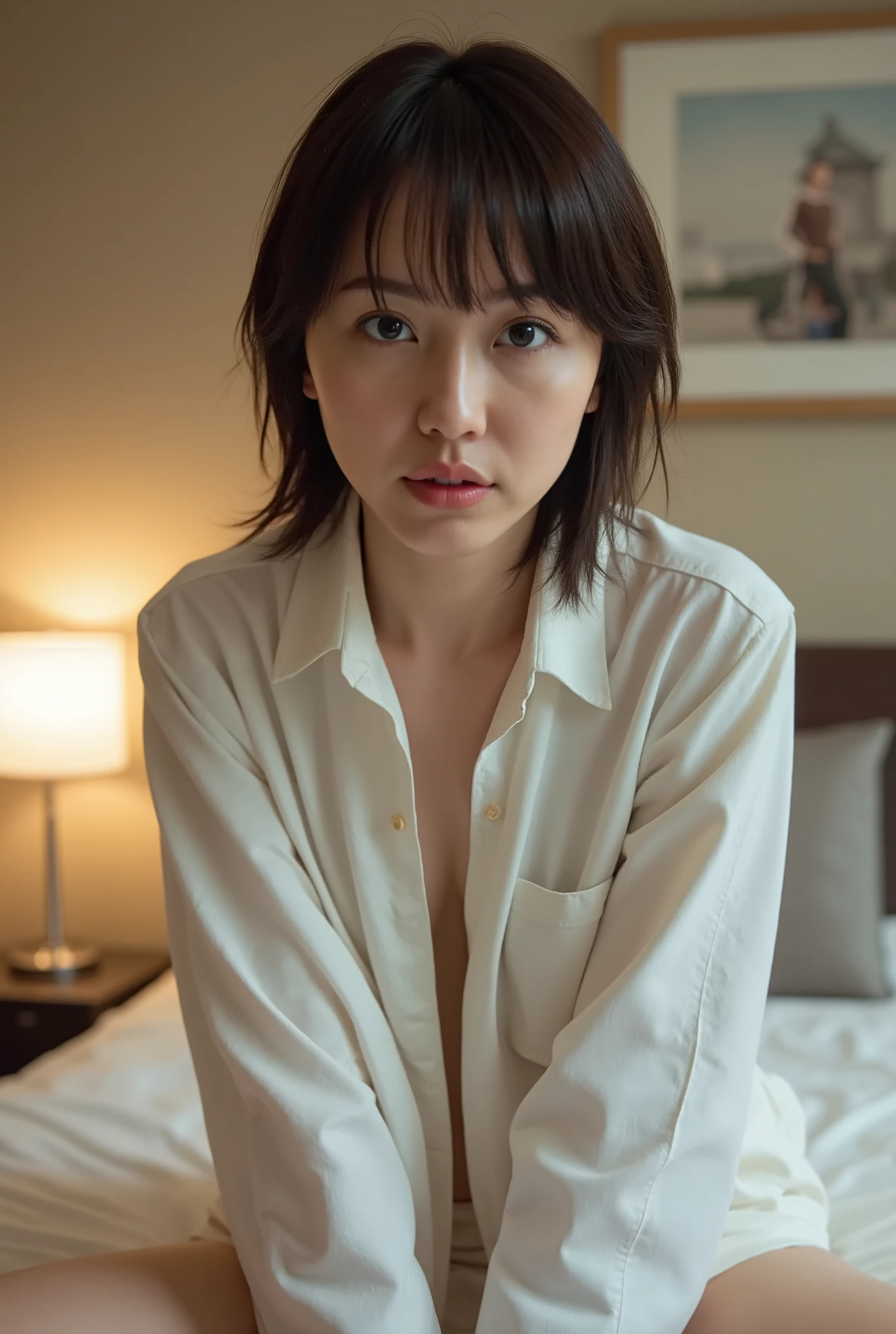 ((( low angle shot、 biologically accurate images 、 staring at the camera :1.22, lean forward , loose open shirt on all fours on the bed 、 no underwear))), Japanese Woman 1, hotel room、 Indirect Lighting、 nudes, completely naked,