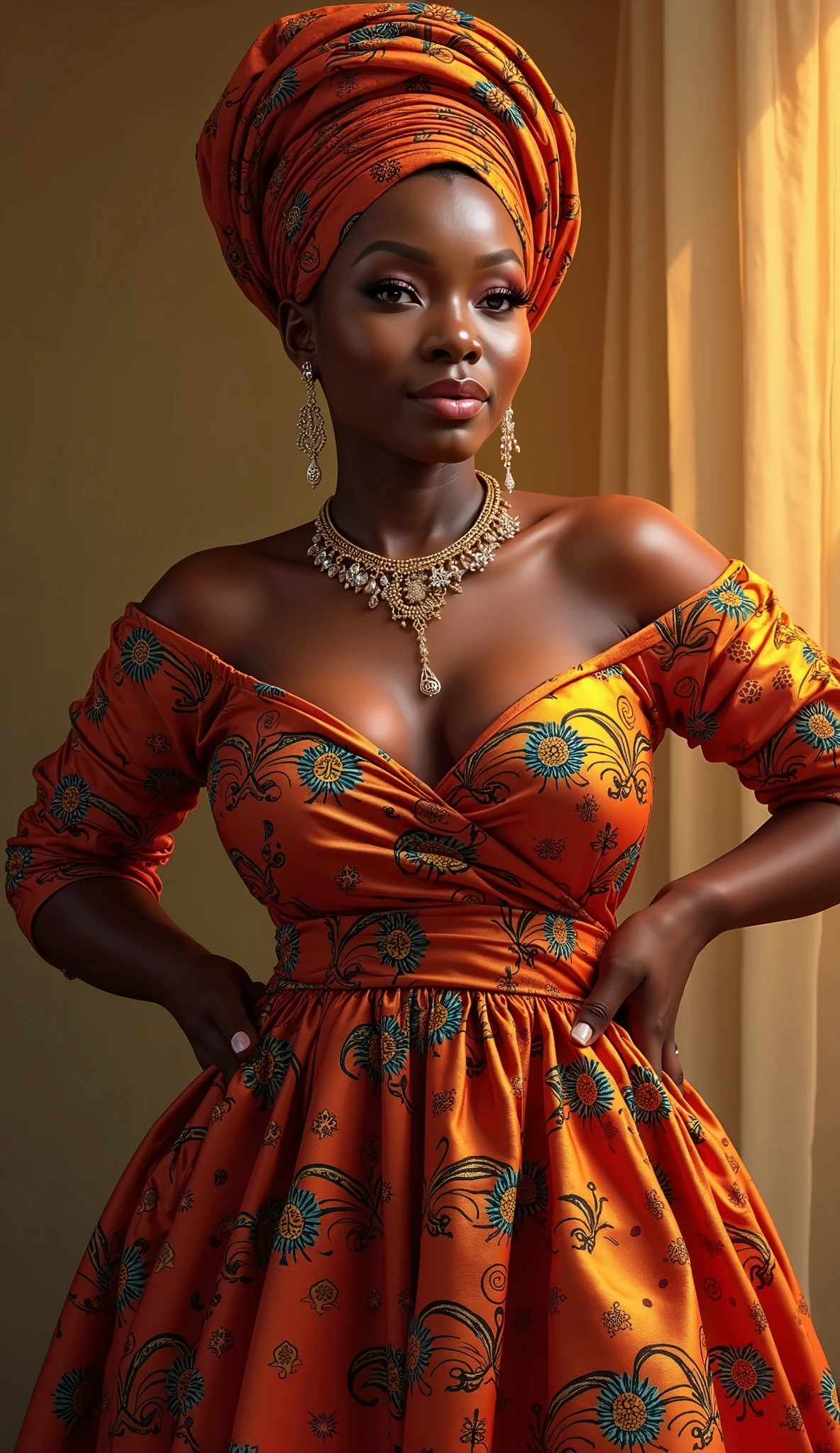 (masterpiece), (best quality), 8k resolution, 1girl, stunning beauty, perfect face, mature female, 20yo, sexy, African traditional clothes