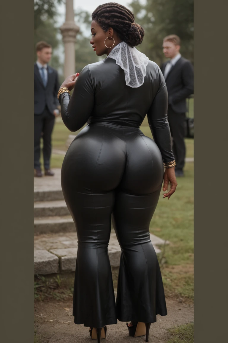 thick thigh fat ass woman wearing cblack abaya high heels walking in garden from back