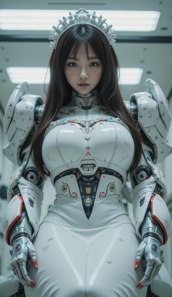 (Best Quality, 8k, 32k, Masterpiece, UHD:1.3), (Photo of Attractive Japanese Woman), 1 Girl, ((Big Boobs:1.4)), (long wavy hair), Abs, Perfect Body, Ultra Detailed Face, Detailed Lips, Fine Eyes, double eyelids, pajamas, on the bed, (seductive), ((aroused:1.5)), ((areolae slip)), ((in heat)), ((milf)) sexy girl, busty, beautiful asian girl, gorgeous chinese model, jaw-dropping beauty, girl in mecha cyber armor, ferra white mecha, female mecha, mechanized valkyrie girl, beutiful white girl cyborg, armor girl, clothed in sci-fi military armor, scifi woman, in white futuristic armor, gorgeous female paladin, mechanized soldier girl
