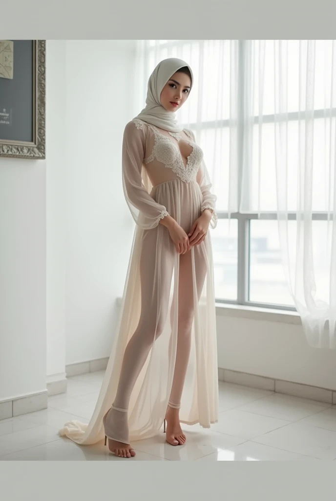 a woman in the translucent night gown, half naked, nipple on with nipple piercing, wearing satin hijab, full body,mermaid tight long gown, flowy dramatic long gown,very long flor length gown, tall women, in bedroom, sexy face, sexy pose laying in bed, wear high heels, masterpice 