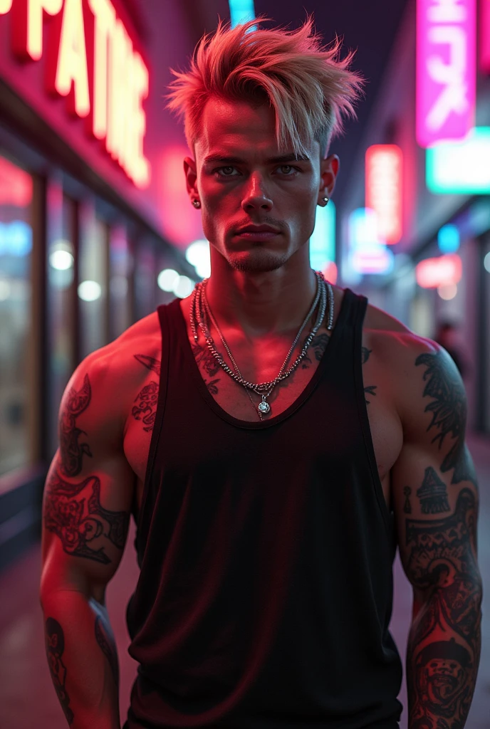 18 year old American boy, has slightly wavy blonde hair with a medium undercut cut, Western facial features, He has a strong body and tattoos on his arms, wears an open, sleeveless hooded sweatshirt, has a cool style and relaxed posture