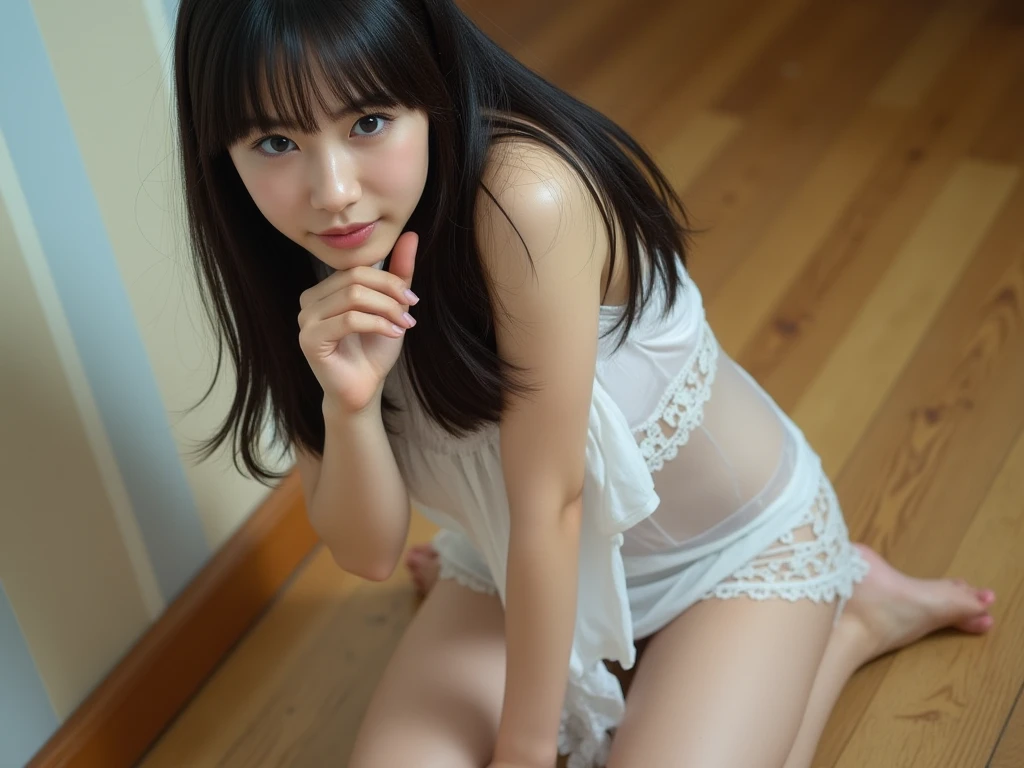 lingerie, thigh-highs, 1girl, 25 years old woman, (((I can see your thighs))), ((Hands behind the body)), ((I can see your feet)), cute face, beautiful face, perfectly detailed face, Lingerie, (looking at viewer), Simple Background, ((white background)), ((white wallpaper)), Sexy pose, Whole body, The whole body is visible, Small breasts, Slim figure, smile, light smile, photorealistic, (bokeh), feet out of frame, UHD, anatomically correct, highres