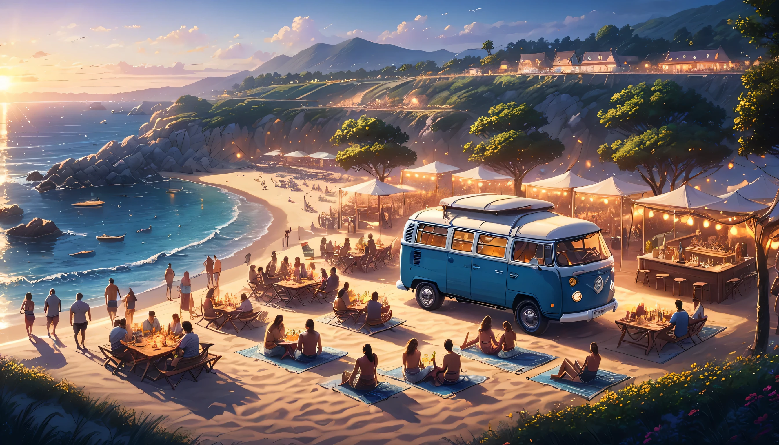 A photo of the character and a group of friends enjoying a wake and bake session in a cozy and colorful VW camper van, parked by the beach.,original,long hair, scruffy dressed, always has a bong in hand, male
