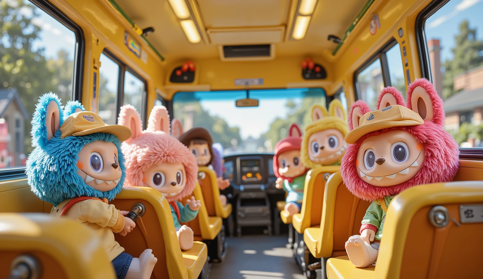 A group of colorful Labubus sits cheerfully on the cushioned seats of a bright yellow school bus, each one wearing a cute fedora hat that perfectly matches their playful personalities. Their fluffy fur comes in a delightful variety of colors—blue, pink, red, yellow, green, and even a rare purple—adding a vibrant splash of life inside the bus. Each Labubu has a small ransel backpack resting on their lap or slung over their shoulders, ready for the day's adventures.
The bus interior is warm and inviting, with large windows allowing sunlight to pour in, casting a golden glow on the happy faces of the Labubus. Some peek outside excitedly, watching trees and houses blur past as the bus gently rumbles along the road. Others are giggling and chatting, their tiny hands playfully adjusting their hats or tugging at their backpacks. The atmosphere is filled with joy, anticipation, and the lively energy of a fun-filled school day ahead.
.