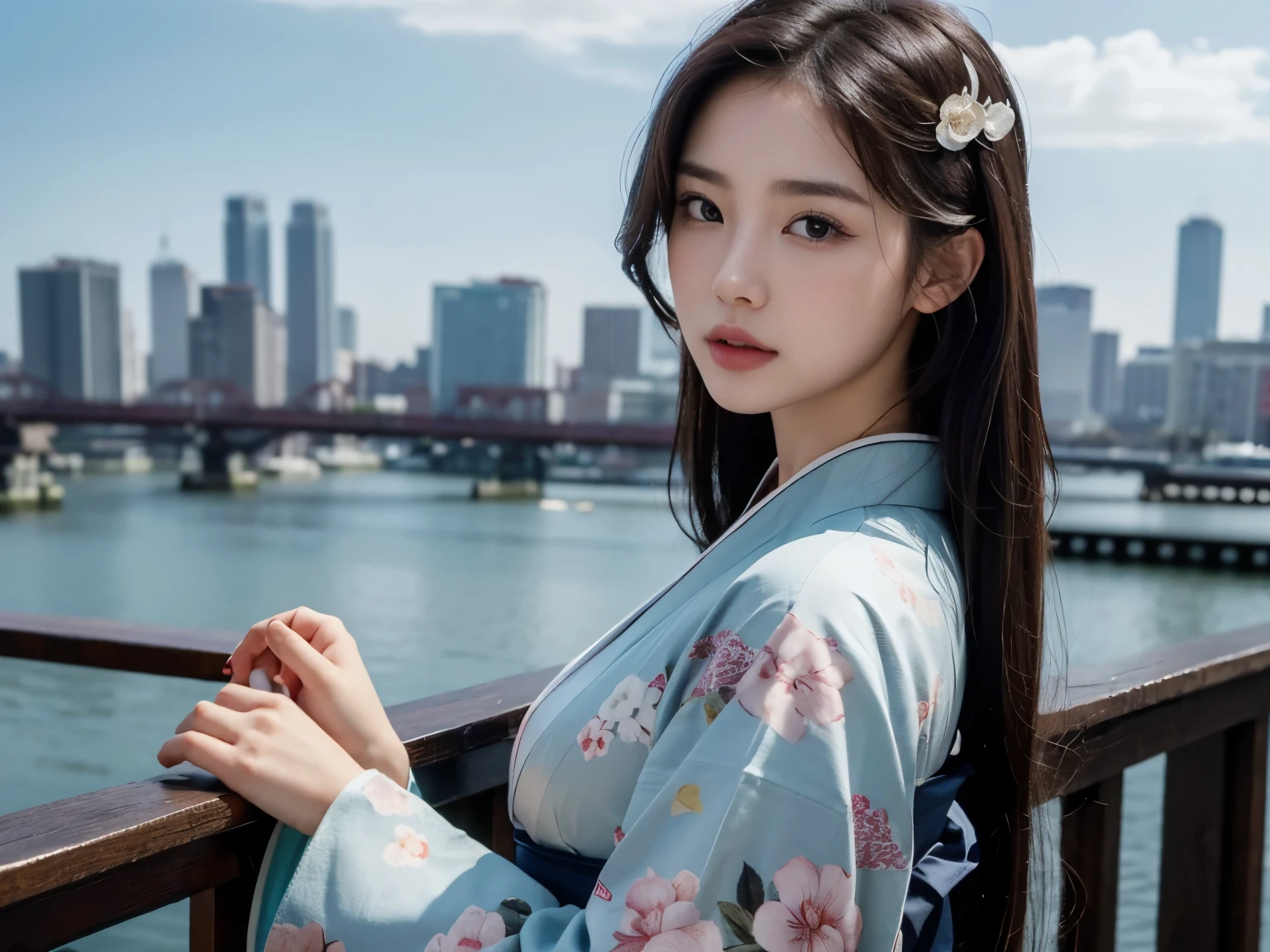 top quality, Masterpiece, super A high resolution, ( photorealistic:1.4), RAW Photo, seductive woman , Holding a folded sentence,3The 0s , beautiful woman in a kimono with a crane pattern, Close-up, Watch Viewers , city nearby, length, hair ornament, beautiful pictures ,Is a beautiful , upper body portrait,The background is in nature with no buildings