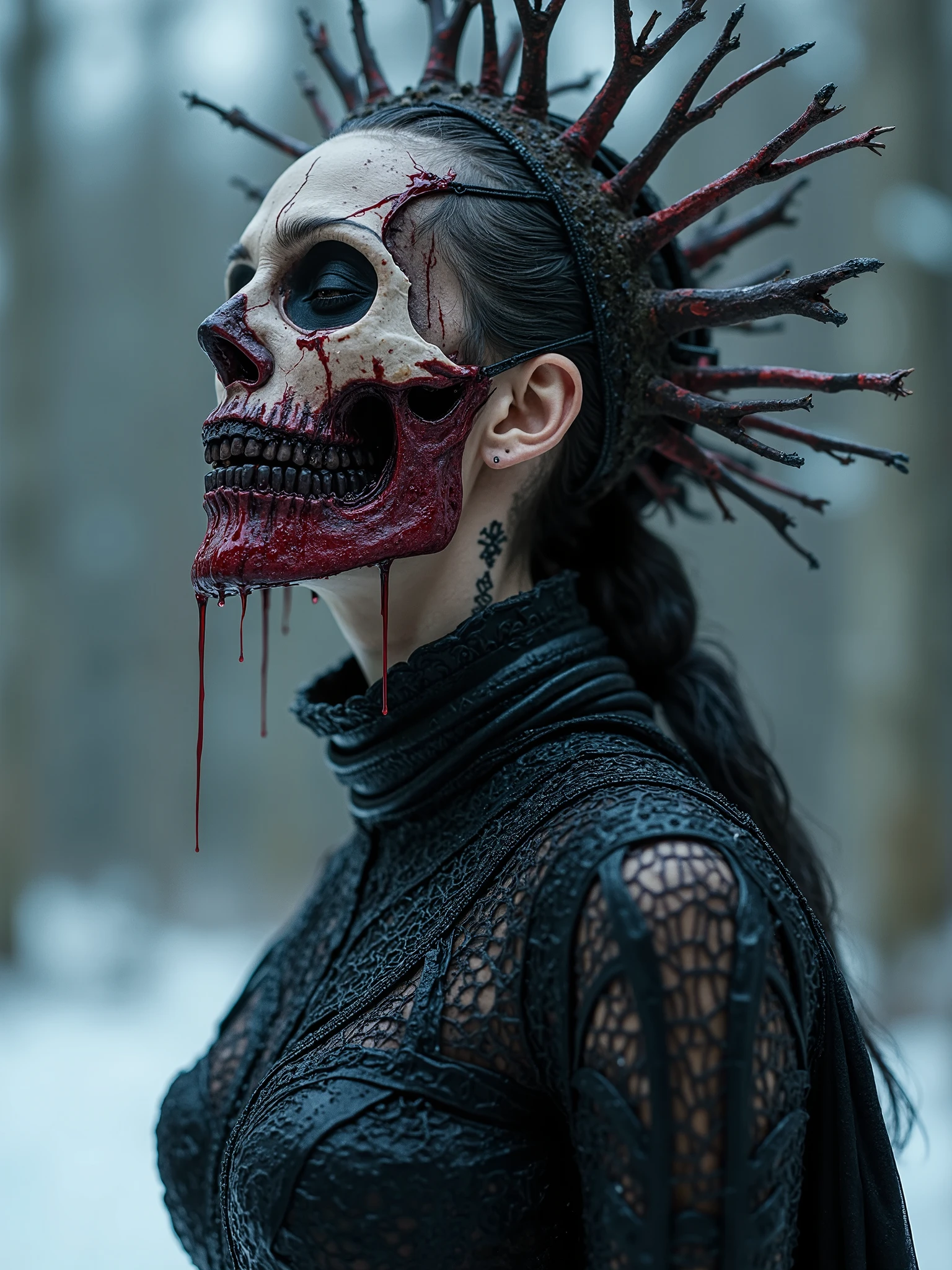 Beautiful Female cosmic entity bone crown,toppless,half skull half face rotted,barb wire wrapped around her,spilled with red and black fluid,dark makeup,dark surrealism,dark realistic photography, dark occult art,melancholic dark art, surreal dark art, frozen background with darkness and realistic look,mini skirt make from fine chainmail armour