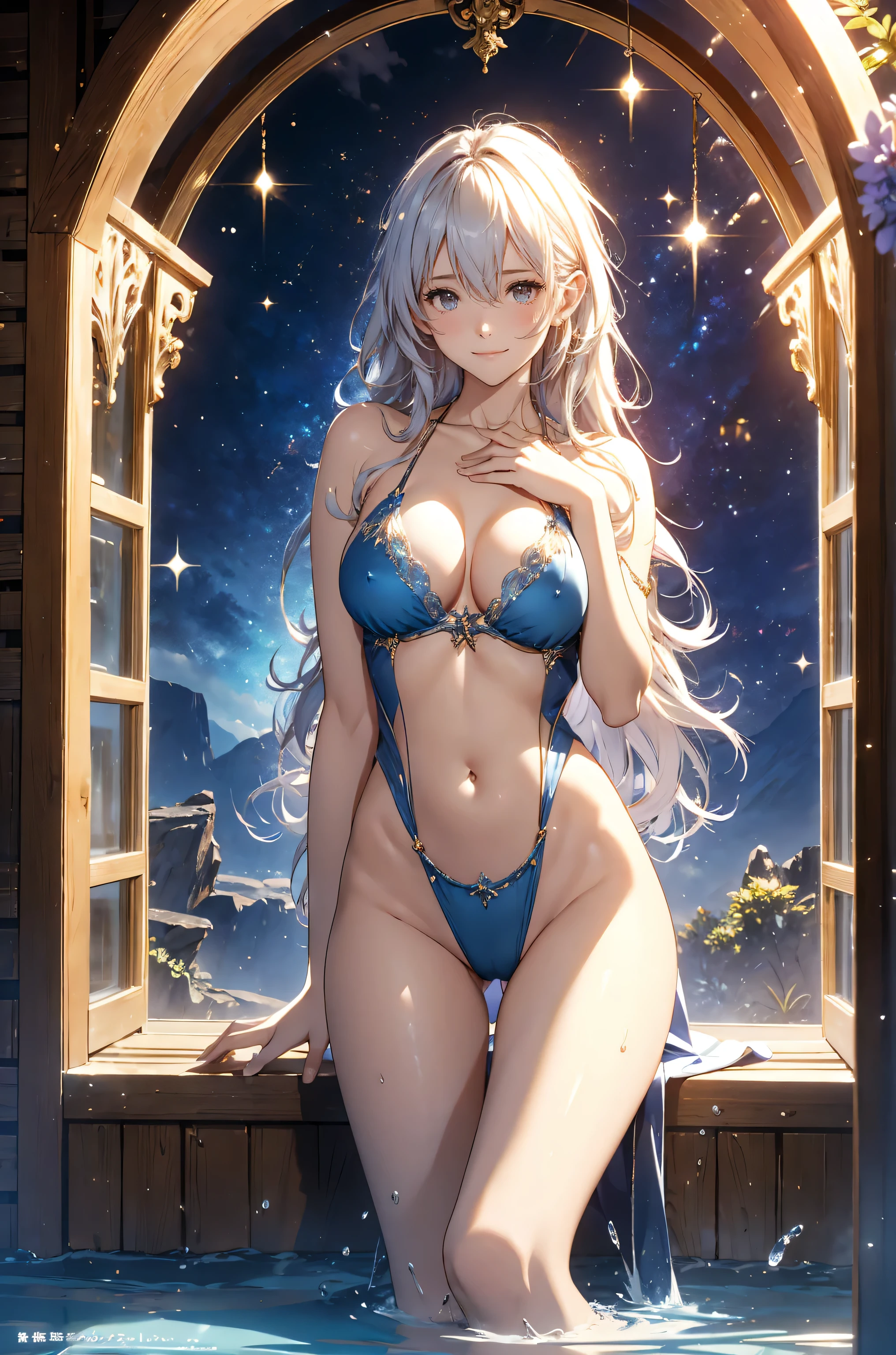  top quality　 mystical 、(cowboy shot) ERO 1 WOMAN cute smile！smile!  gentle gaze ,  beautiful eyes 、 Chest 130 Beautiful Constriction 、waist lineセクシー strongest 、 Beautiful Brown Skin 、、 music 　 healing simple configuration View through window, chest pressed against glass 手のひらをガラスにつけて　Erotic Scene　beautiful   、 shower🚿　 bathroom　 water splashes 、
       simple      　 Beautiful Sparkle 、Long silver hair、((  open her legs))、 the most beautiful embellished bikini 、   Calm Atmosphere    、  open 、 The crotch can be seen from under the leg　 Beautiful Young Body 、  Stretch Your Legs 、 big boobs、like々Fresh skin,  、Beautiful and fantastic、、 Sparkle, high definition depiction ,                               Realistic Fantasy Beautiful Illusion Light、Romanticism,,  eroticism
