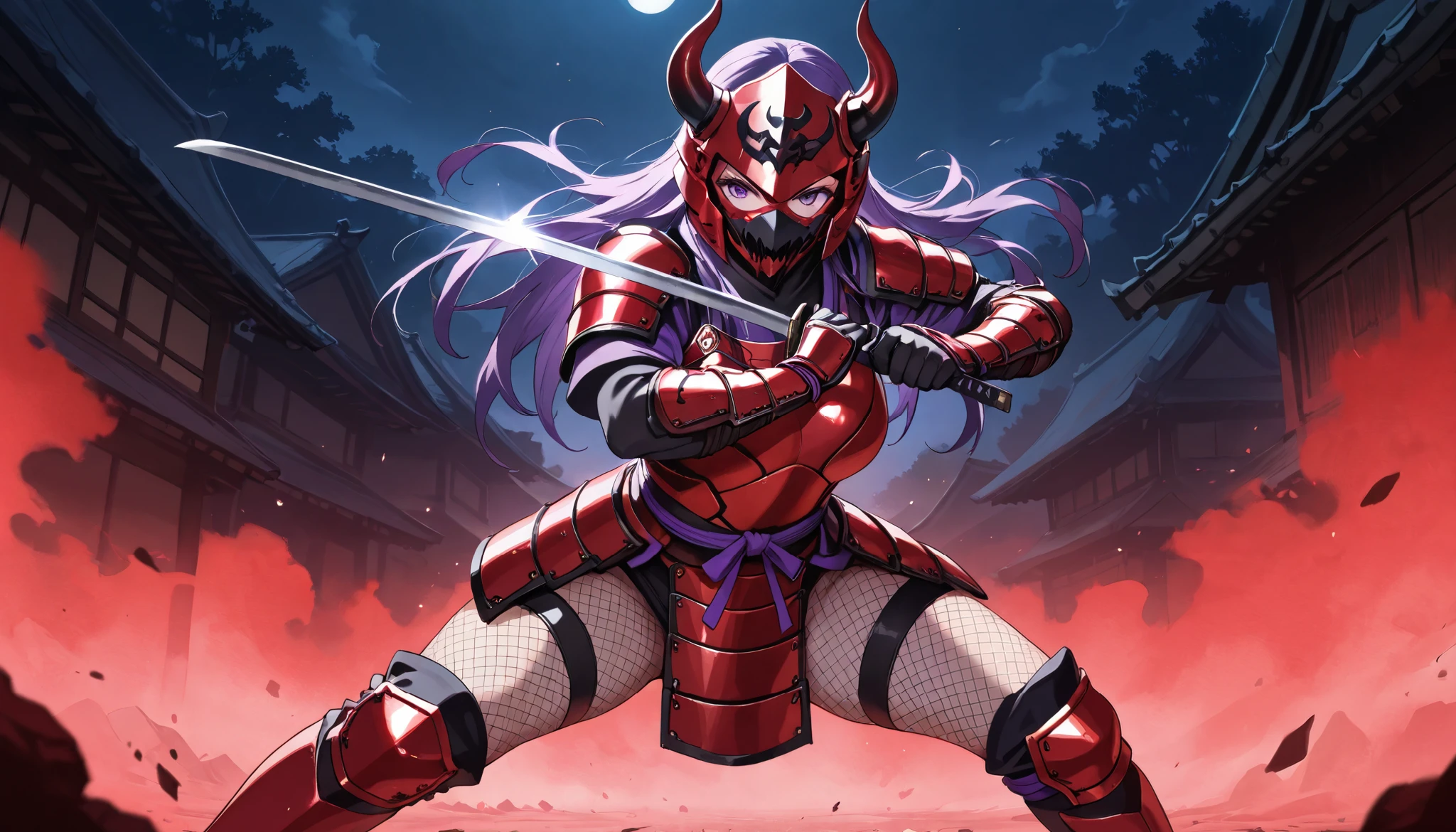 masterpiece, best quality, amazing quality, very aesthetic, high resolution, newest, hyper-detailed, game cg, purple hair, purple eyes, long hair, red armor, samurai armor, horned helmet, demon mask, red fog, [[[mature female]]], holding sword, night, ninja, kunoichi, [fishnets], fighting stance, serious, red armored mouth mask