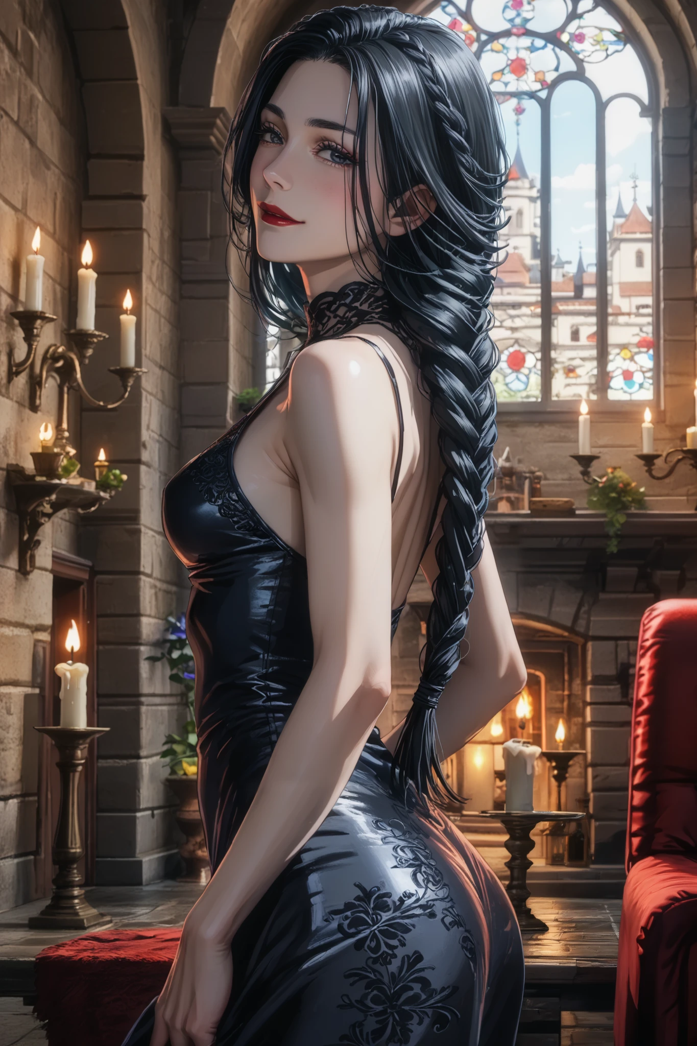 ( best quality:1.3), ( man with 4k quality ),( sharp image ), MeiMei, (( detailed face taster)), (( masterpiece face)),(( perfect and detailed eyes )) (Blush), MeiMei, ((( black hair, long braided hair ))), light gray eyes, (focus on the eyes:1.5), ( red lips), (red lipstick), cunning face, face with severe features , (( detailed face taster)), the perfect face, Highly detailed eyes, masterpiece, absurdities , ( intricate details ), ( colored bus), Cinematic lighting, extremely detailed 8k background image made in Unity , 1 , alone, mature woman, (( perfect small breasts )),(( perfect erect breasts))(( fit slim figure )),erect breasts, Shaped body, tight black dress, ((Medieval castle corridor, Candle Light)), (((evil face))), fit slim figure , standing up and showing off her sexy ass , (((from behind)))