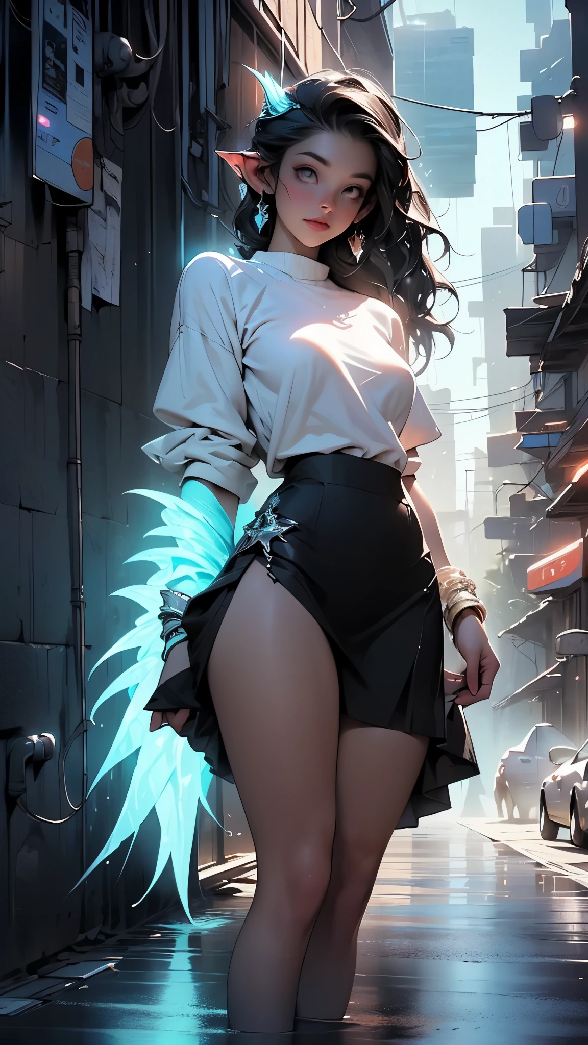 8k_wallpaper, extremely detailed eyes, extremely detailed body, (large masterpiece digital art), (detailed manga illustration), (detailed line art), ((perfect anatomy)), (intricate details:1.3), (ultra-detailed:1.3), (illustration:1.3), (sharp focus:1.3), (natural lighting:1.05), (vivid colors:1.3), (masterpiece), best quality, expressive eyes, perfect face, 1 girl, breasts, cleavage, gloves, huge breasts, casual clothes, white shirt, tee shirt, denim jacket, jacket, fur trim, detailed {{blue hair}}, medium hair, messy hair, (gray eyes), hourglass physique, black short, denim shorts, dynamic pose, huge ass, dynamic lighting,