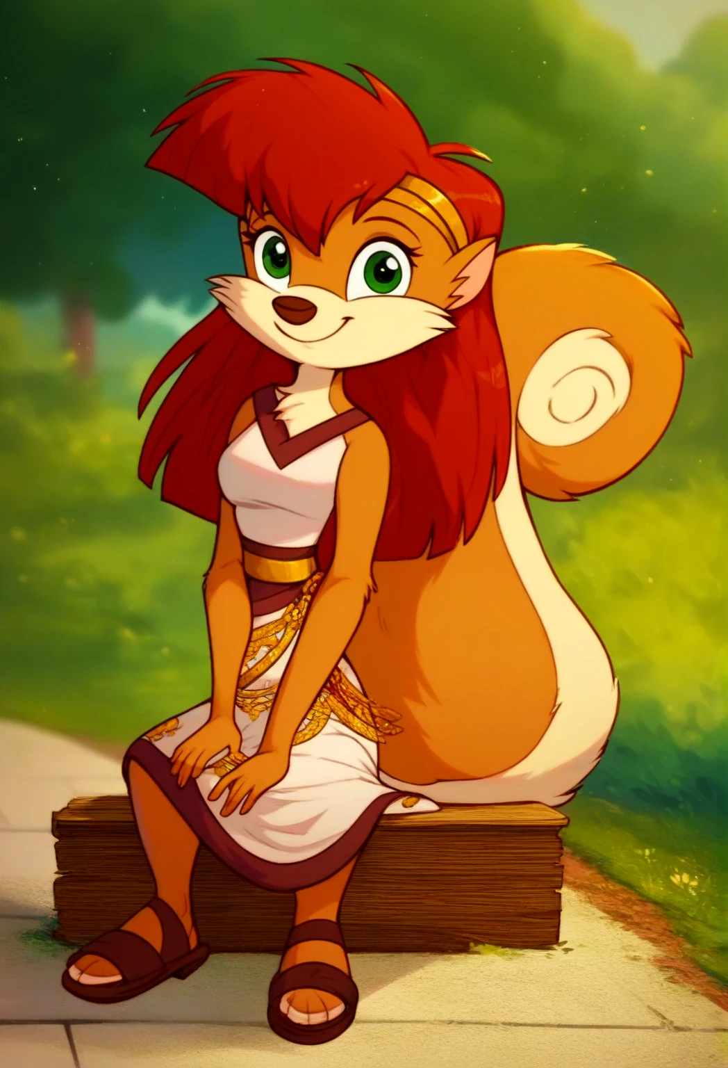 zPDXL, score_9_ upwards, score_8_ upwards,_7_ upwards, score_6_ upwards, score_5_ upwards, score_4_ upwards , eastnik_ fluffy, better quality, excellent quality , blurred background, Masterpiece , 1girl, magic in the air , Looking at the viewer , One, Cute, Cute smile, charming, outdoor , Park, plants, ( upwardsper body,close, focus on face , Sitting:1.2), chest, Venus, red hair , squirrel, long hair, green eyes, squirrel tail, orange-white wool , dress, gold hairband, sandals, side cut, shadman , Expressive, good_Hands,