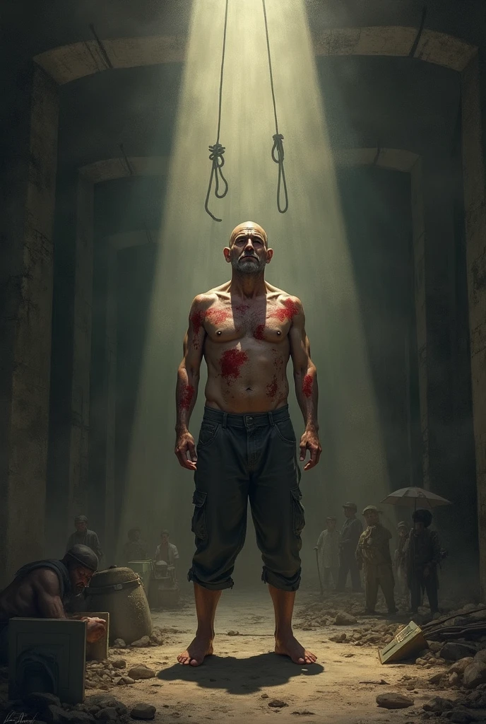 male prisoner, Chinese, head wound, shirtless, ?????, The light  dim...., dark room, very thin body., Smoke drift, glabrous, Chinese gentlemants, blood in the body, High Art, Awesome shots.., Horror pictures, gentleman, ควันจากgentleman, old wooden house, Blood was all over the walls of the house., Smoke driftผ่านเเสงเเดด, Realistic picture,