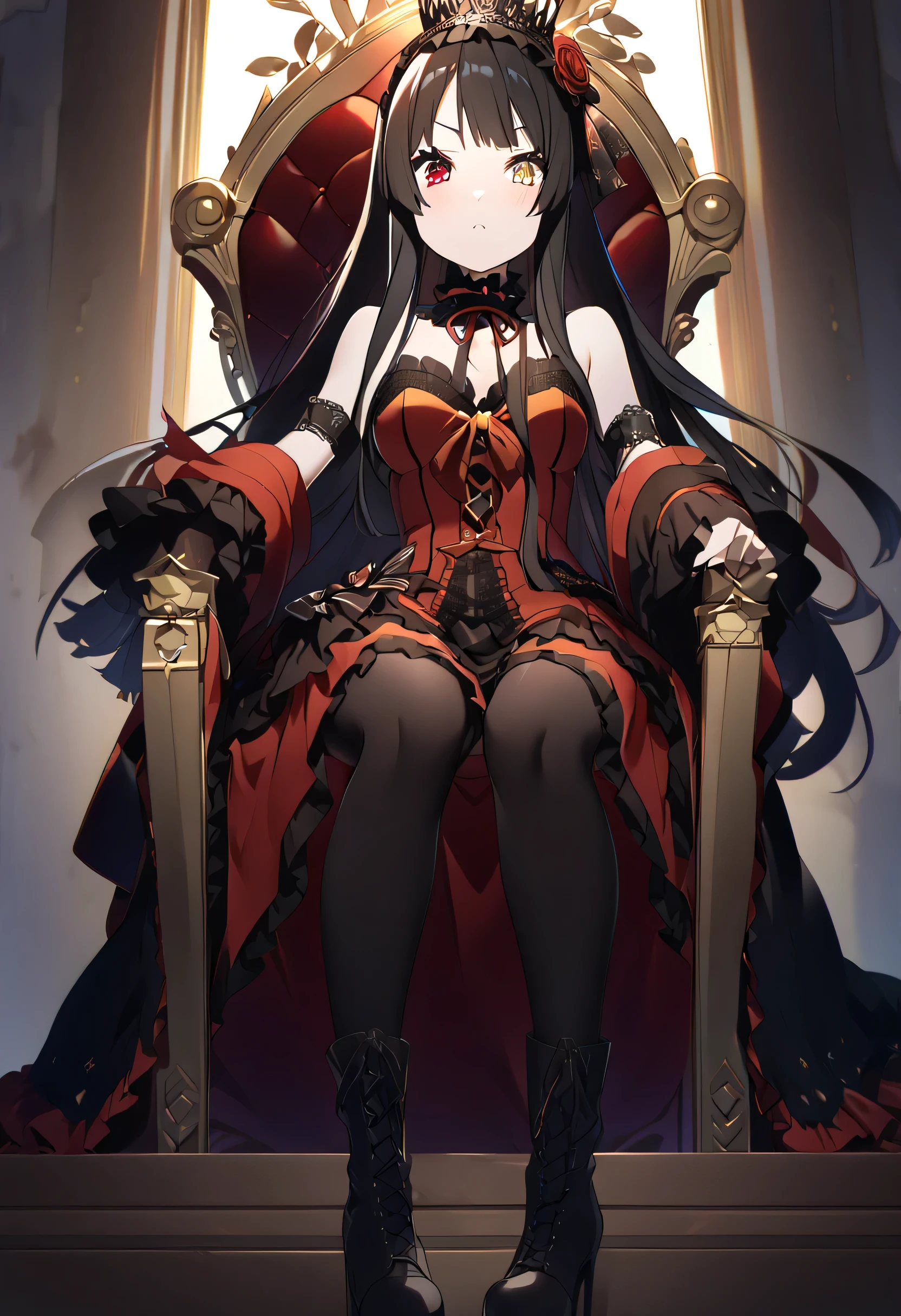 akiyama_mio, mio akiyama, sitting on the throne like a queen, looking down with repudiation, crown, KurumiBase, clock eyes, red eye, yellow eye, heterochromia, black hair, hairband, red dress, striped bow, frills, detached sleeves, frilled choker, black thighhighs, garter straps, lace-up boots