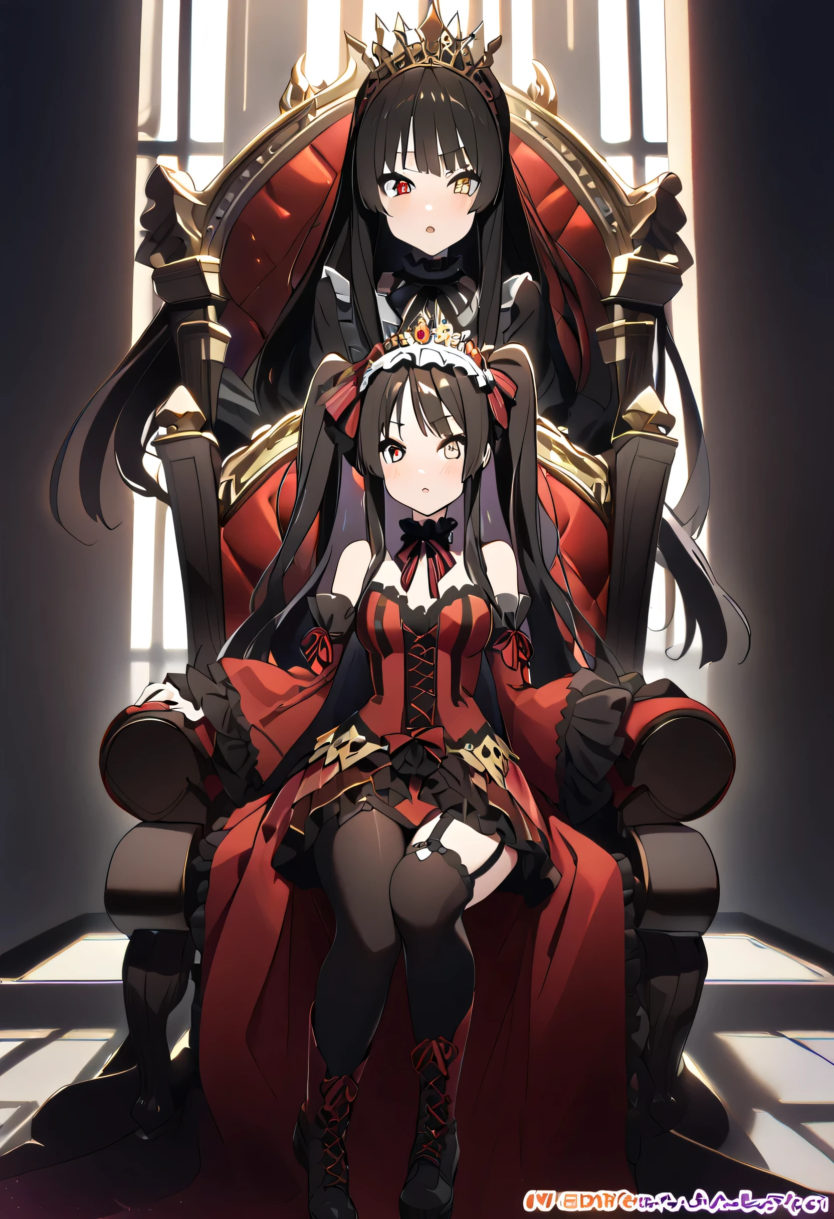 akiyama_mio, mio akiyama, sitting on the throne like a queen, looking down with repudiation, crown, KurumiBase, clock eyes, red eye, yellow eye, heterochromia, black hair, hairband, red dress, striped bow, frills, detached sleeves, frilled choker, black thighhighs, garter straps, lace-up boots