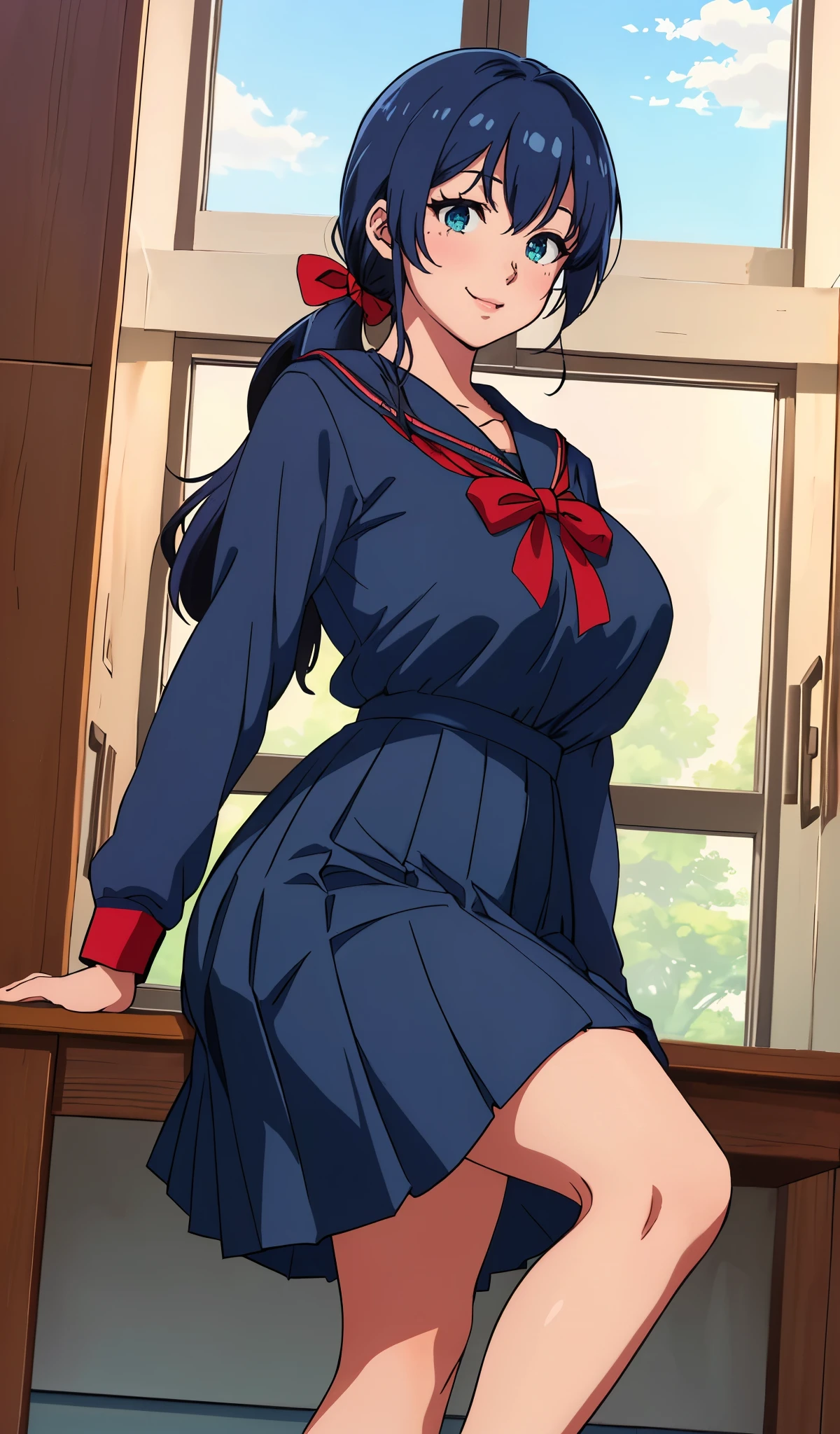 Young woman drawn in 80’s anime art style.
Retro anime. Vintage Anime. Classical Anime.
She has long and wavy ponytail blue hair, green eyes, full lips, and a beauty mark located under the right side of her mouth. She is well known for her curvaceous figure of which her most distinctive trait is her very large breasts. She has a sinister smile.
Meanwhile she is also visiting a High School!
She is wearing a sailor fuku (セーラー服, sērā fuku, sailor outfit) is a common japanese style of uniform worn by women, traditionally by high school female students.
The uniform generally consists of a sailor-styled blouse attached with a (Navy blue sailor-style collar) and a Dark Navy Blue Sailor Blouse. The length of the long skirt goes down past her ankle.
A ribbon is tied in the front and laced through a loop attached to the sailor blouse. The color is the ribbon is red. (RED RIBBON)
(Dark Navy Blue Sailor Shirt)
(Dark Navy Pleated Skirt)
(High School)
