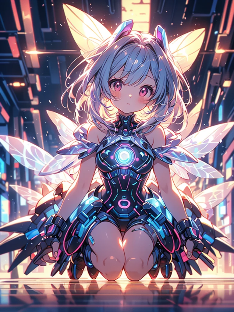 (quality)), ((masterpiece)), Recommended results、Puffy nipples、(see through:1.5)、straighten your back、abdominal muscles、huge bust、angle to floor:1.2、low camera angle、Hair loss on crotch，Hatsune Miku，super detailed)), (Very detailed的CG插画), ((extremely delicate and beautiful)),(1 white transparent mechanical girl)),alone,whole body,(Machine made joints:1.2),((mechanical limbs)),(Flashing blood vessel points connected to tubes),(Mechanical vertebrae attached to the back，with flowing glitter.),((Flowing rainbow fixed around neck)),perfect round face,(wires and cables attaching to neck:1.2),(Rainbow wires and cables on the head:1.2)(Character focus),,Very detailed,colorful,most detailed，white ceramic skin，blonde short hair，maidennurse