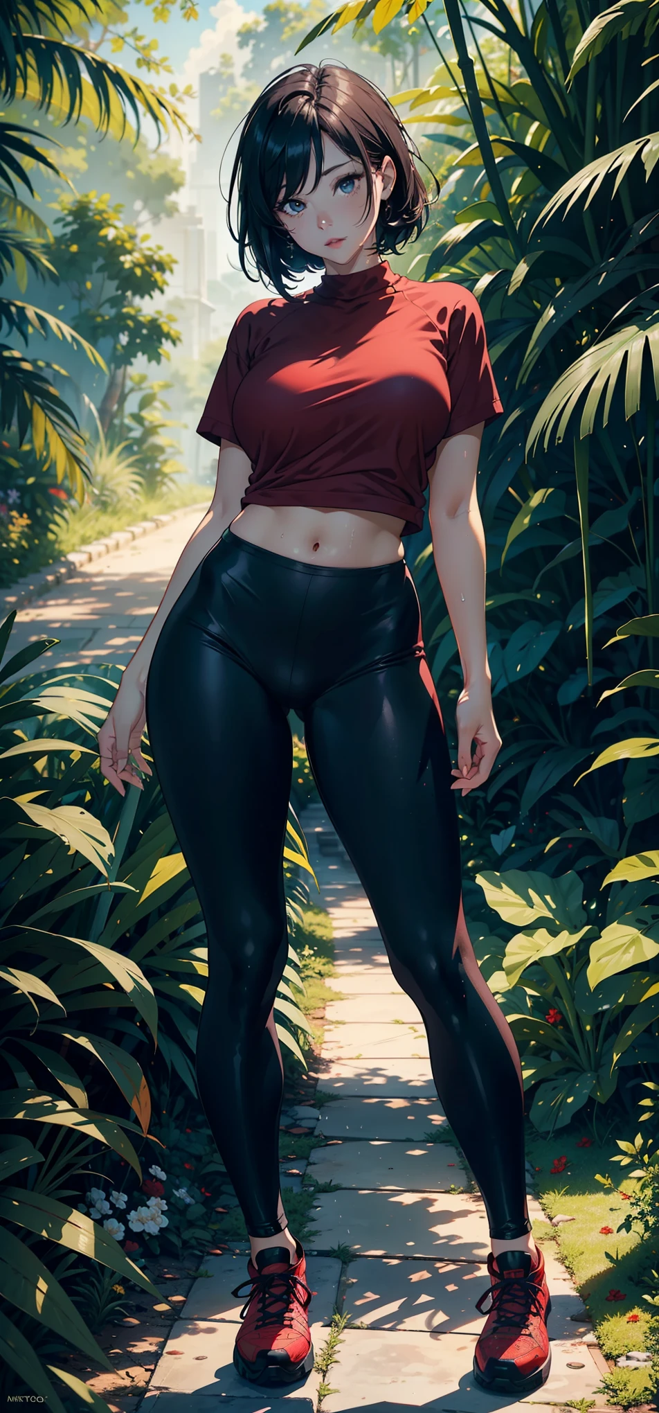 1female,36 years old,熟妇,mature,Bigchest,Big breasts Thin waist,long leges,Raised sexy,Pornographic exposure, 独奏,(Background with:bamboo forrest,clubs) She has very short black hair,standing on your feet,Sweat profusely,drenched all over the body,seen from the front, hair straight, mostly cloudy sky,(((tmasterpiece),(Very detailed CG unity 8K wallpaper),best qualtiy,cinmatic lighting,detailed back ground,beatiful detailed eyes,Bright pupils,(Very fine and beautiful),(Beautiful and detailed eye description),Black eyes,Redlip,ultra - detailed,tmasterpiece,)),facing at camera,(The upper part of the body),A high resolution,ultra - detailed),revealing breasts,Bare genitalia, Bulge,legs are open,sexyposture,Camel toes,Flushed complexion,Open-mouthed,frontage,(Wearing:baseball cap,Red baseball shirt,black colored leggings,athletic sneakers),Full body photo,Show shoes