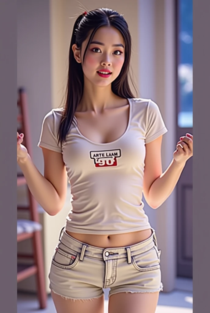 shirt ((highest quality、8k、masterpiece:1.3))((Perfect glowing skin,Perfect Skin)) NSFW Realistic White skin ((Thick pubic hair)) Bright room Bedroom Golden brown hair Wavy Hair smile