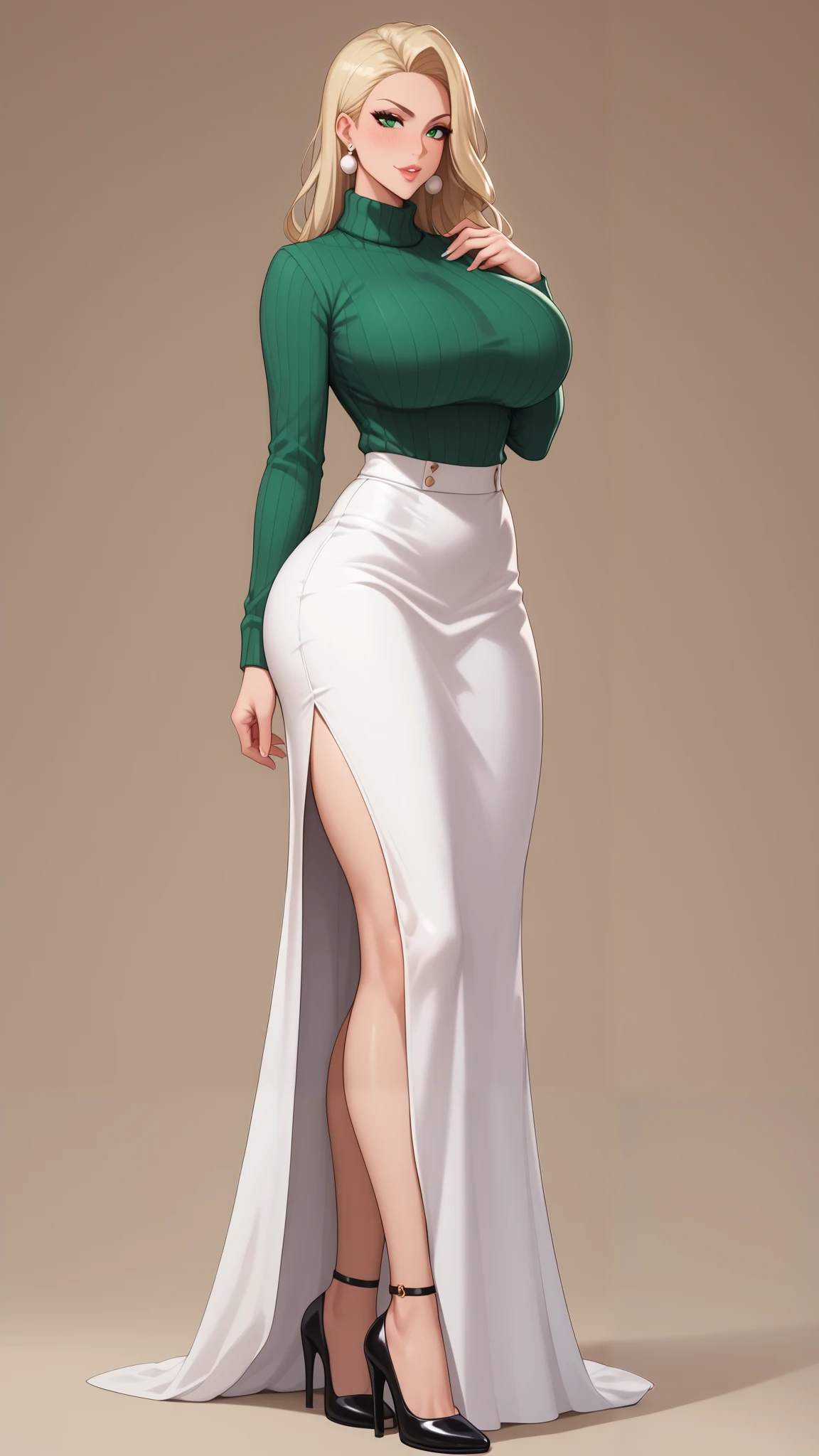 club,5 policewomen , stand in a row , model body,Tall and straight, Long Legs,Big Breasts!Big Breasts!Big Breasts! super huge ! Big Butts!Exquisite accessories ,green turtleneck tight sweater,white silk, long skirt , sexy high heels。